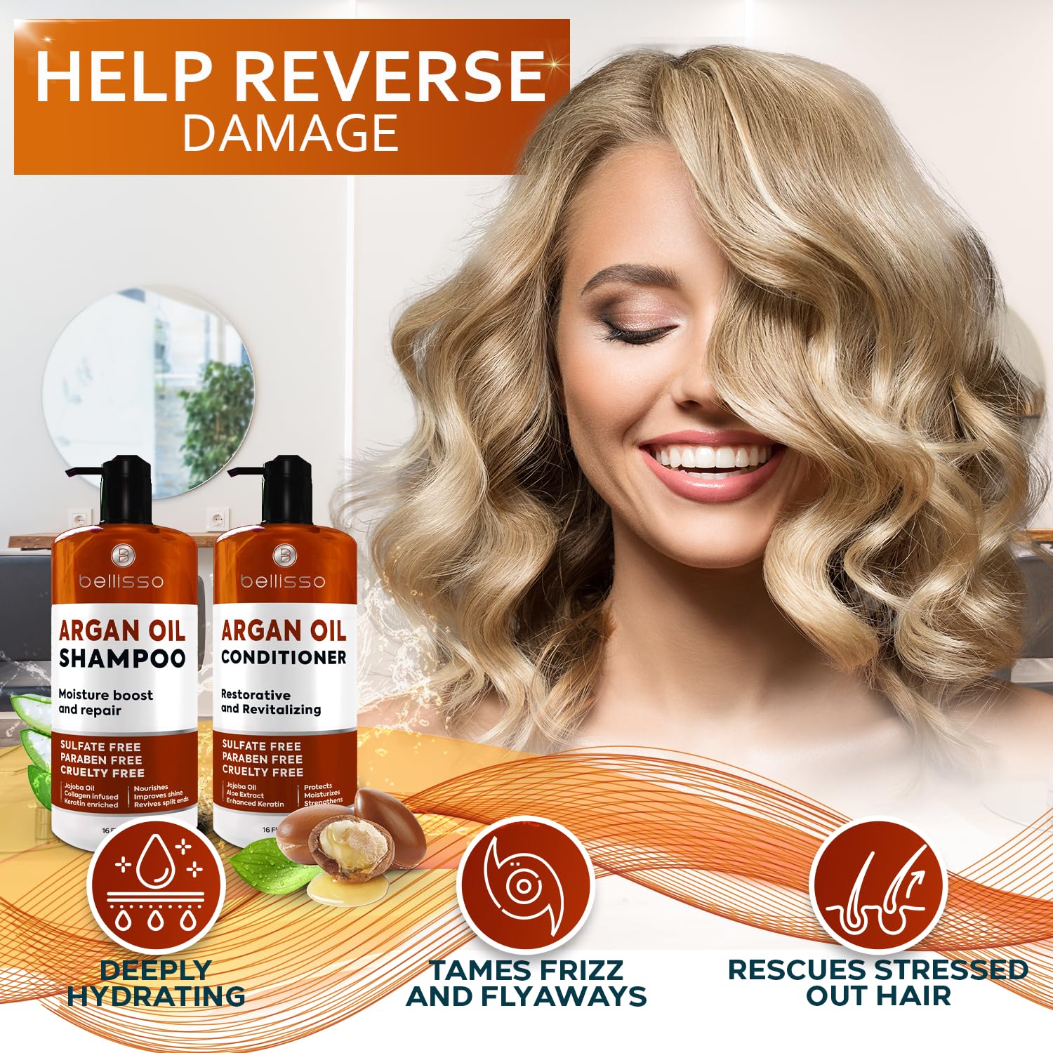 Moroccan Argan Oil Shampoo and Conditioner Set - Sulfate Free with No Parabens - Botanicals for Women and Men - Professional Moisturizing, Anti Frizz, Hydrating Solution for Dry, Wavy and Curly Hair - Image 6