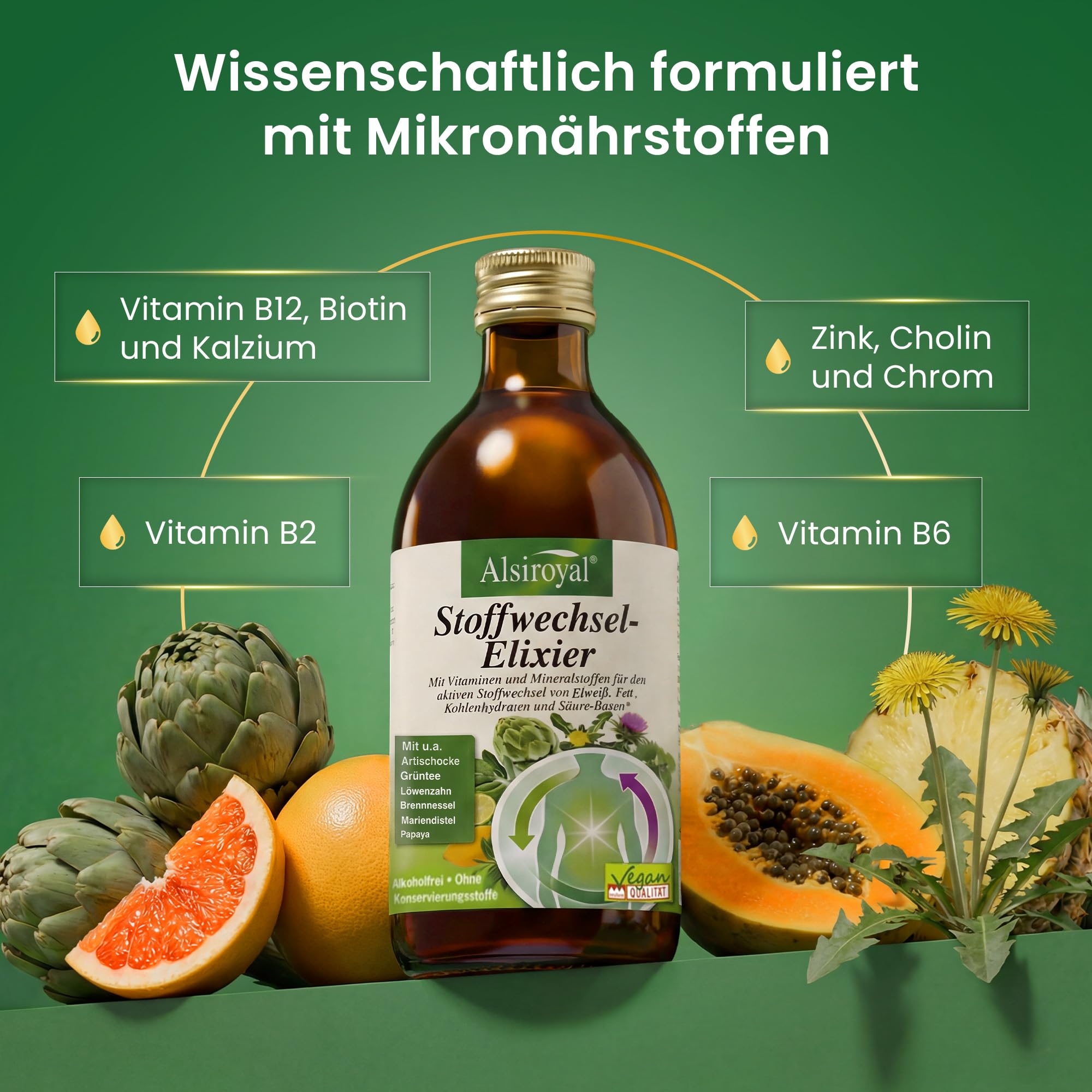 Alsiroyal Stoffwechsel Elixier - 520 ml - flüssiges Nahrungsergänzungsmittel mit Vitaminen Mineralstoffen und Pflanzenextrakten - fruchtiger Geschmack