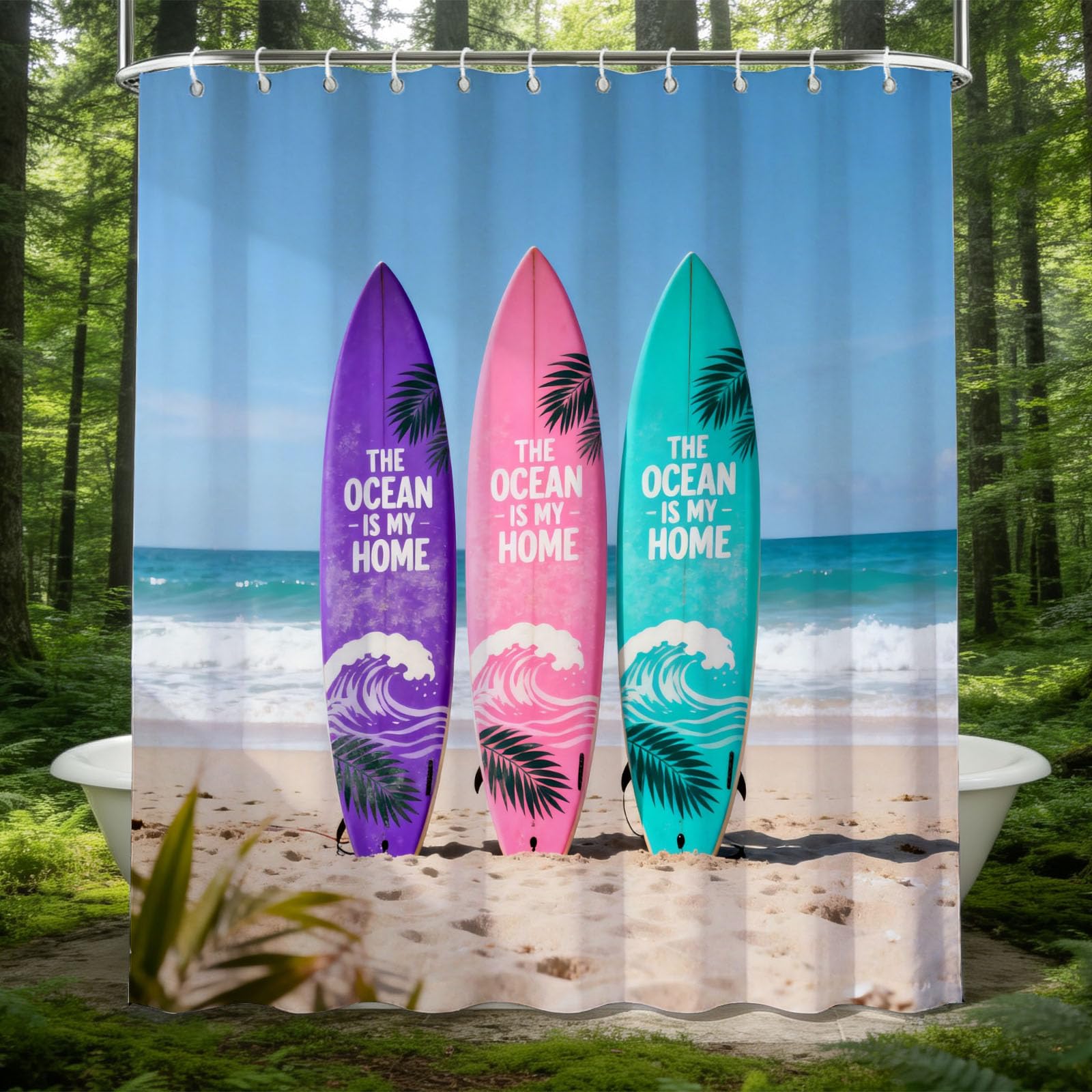 Hongduo 3D Surfboard Shower Curtain for Stalls Bathtubs Beach Bathroom Decor Shower Curtain Set Polyester Fabric Waterproof 180x180cm/71X71 Inch with Hooks