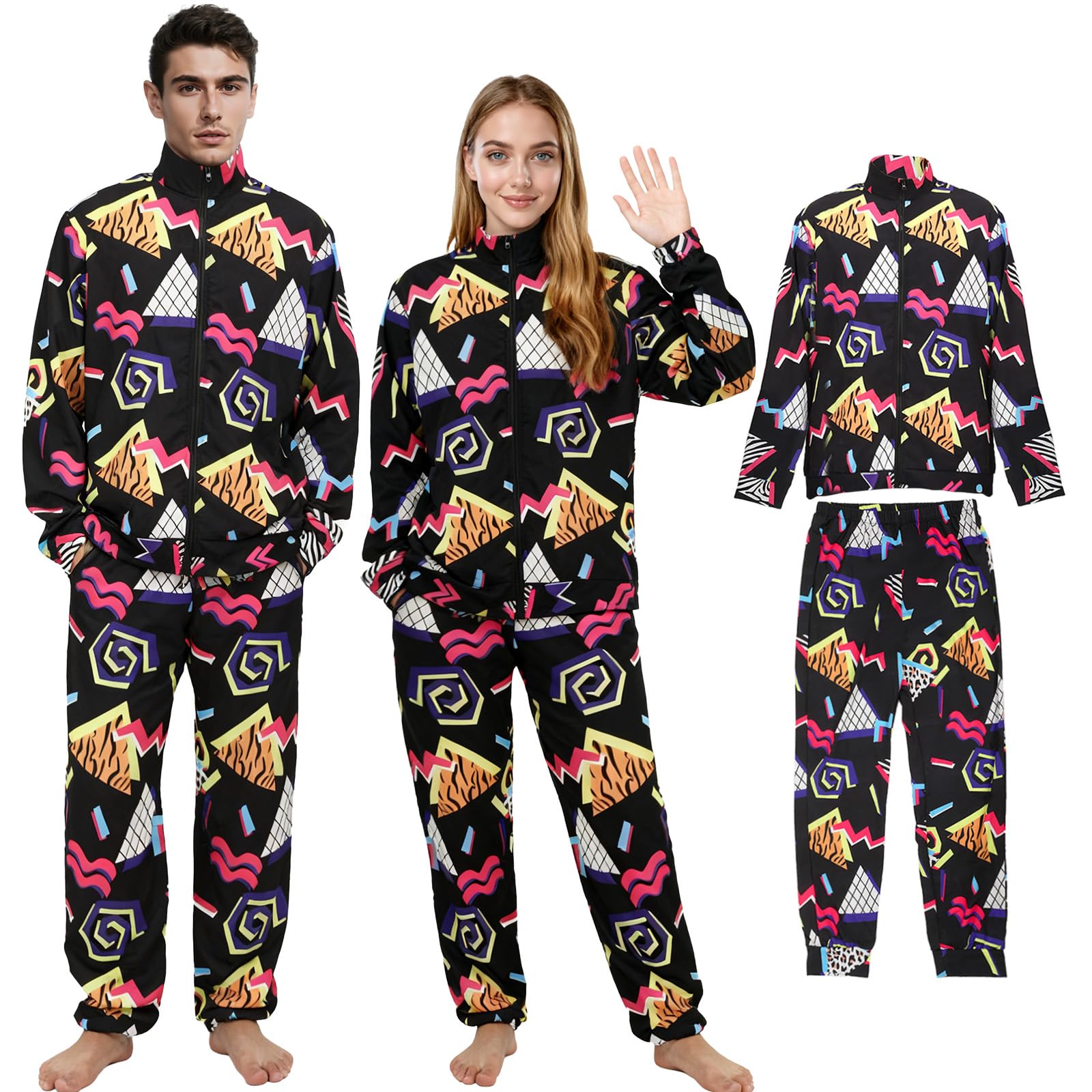 Lyxaof Adults 80s 90s Retro Hip Hop Tracksuit Fancy Vintage Costume Christmas Halloween Party Dress Up Outfit for Men Women (Black, M)