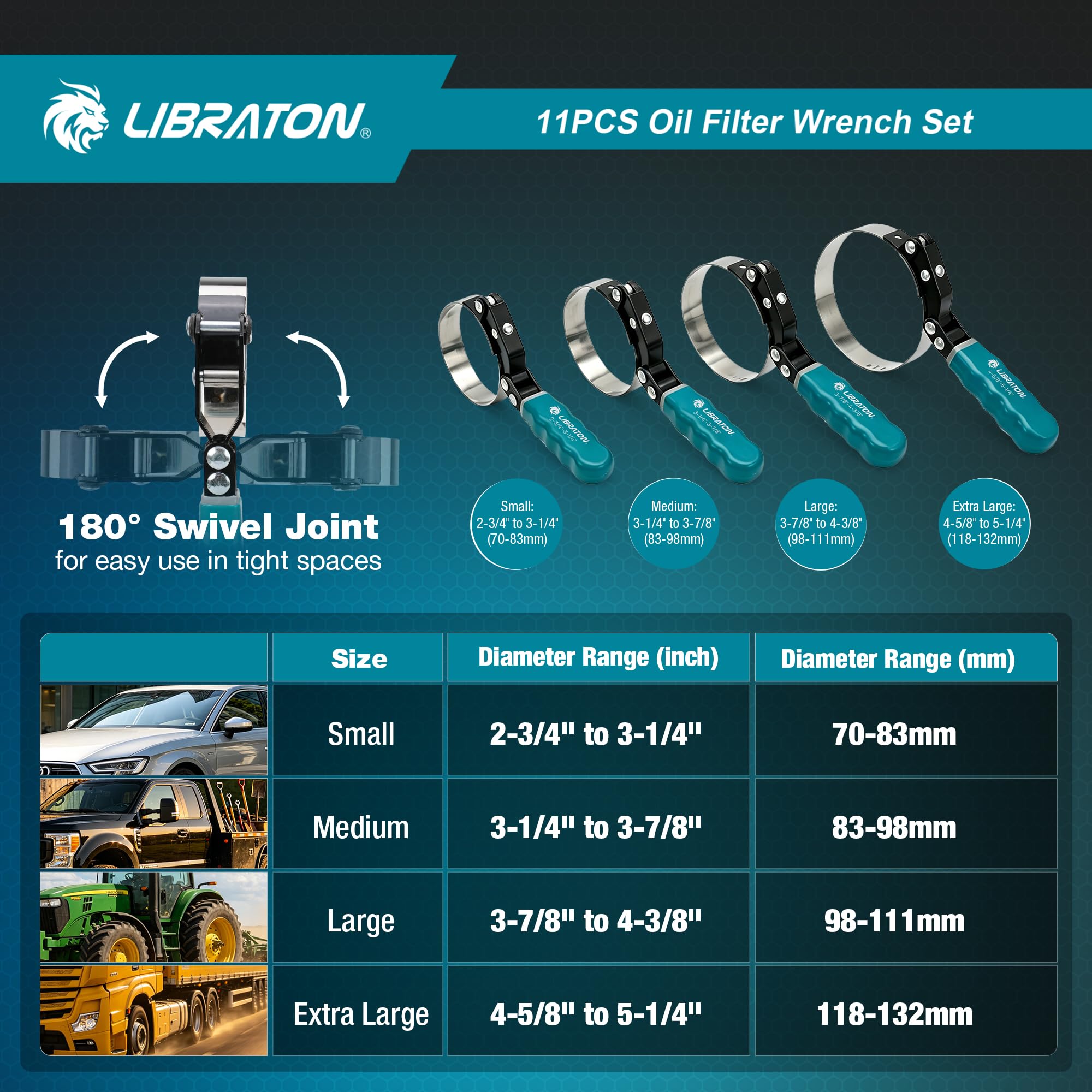 LIBRATON Juego 11 Piezas Llaves Filtro Aceite, con 4 Llaves Banda Giratorias (7-13.3cm), Alicates Ajustables 30,5cm, Herramienta Extracción 3 Mordazas Universal con Adaptador 1/2" a 3/8", Llave Correa