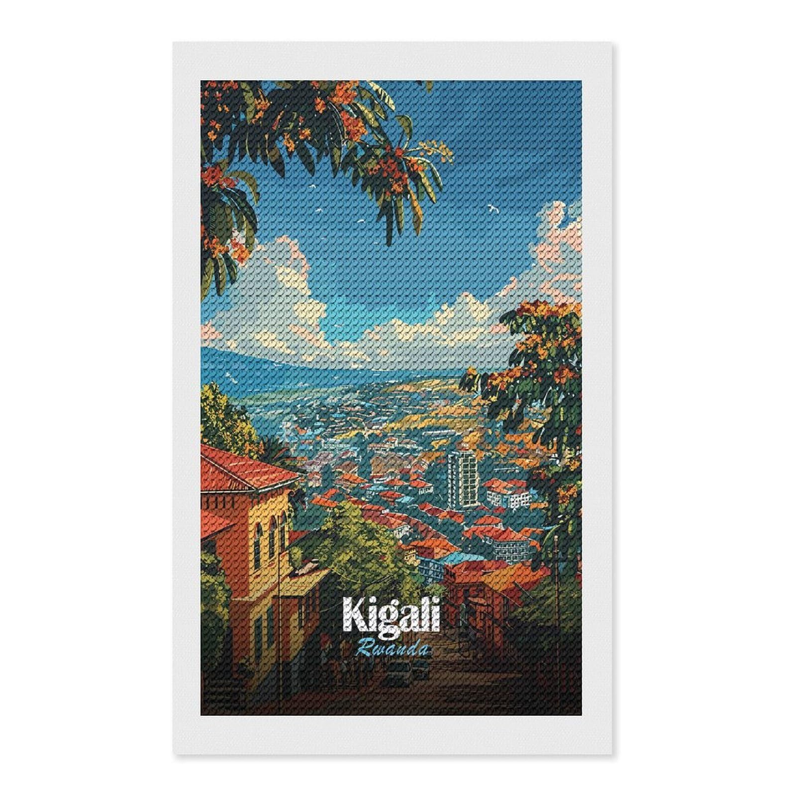 Junmoney Kigali, Rwanda Cityscape Illustration Diamond Painting Canvas Set 12"x20", for Women, Mindful Craft Activity, Cosy Home Accent, Festive Craft Gift