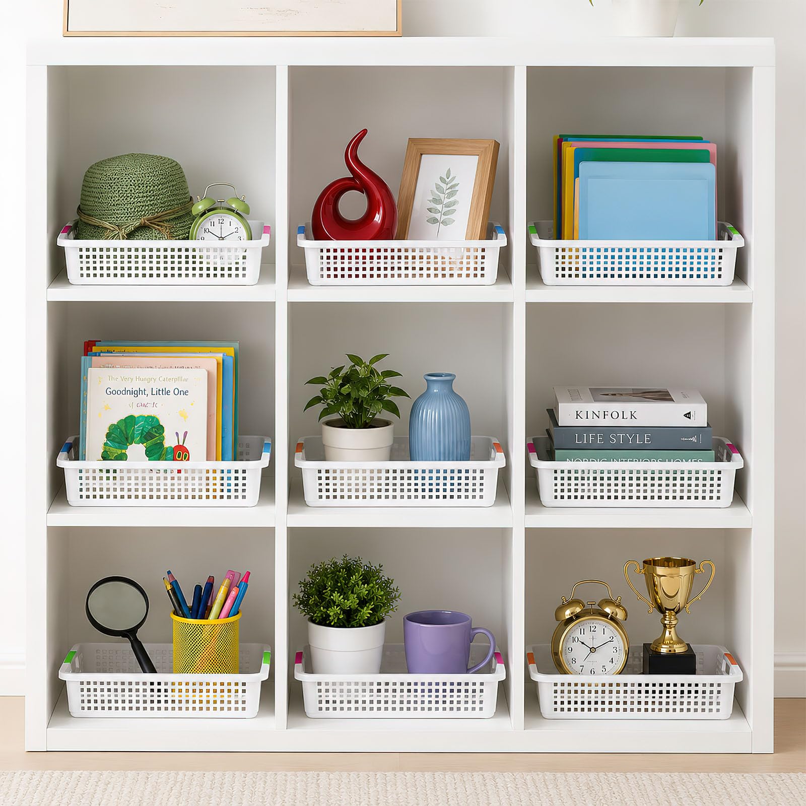 Große Kunststoff-Aufbewahrungskörbe, 38 x 25 x 8 cm, stapelbar, A4-Papierablagen mit Griffen, rechteckiger Schreibtisch-Organizer für Klassenzimmer, Büro, Bibliothek und Kunstbedarf für Kinder, Weiß