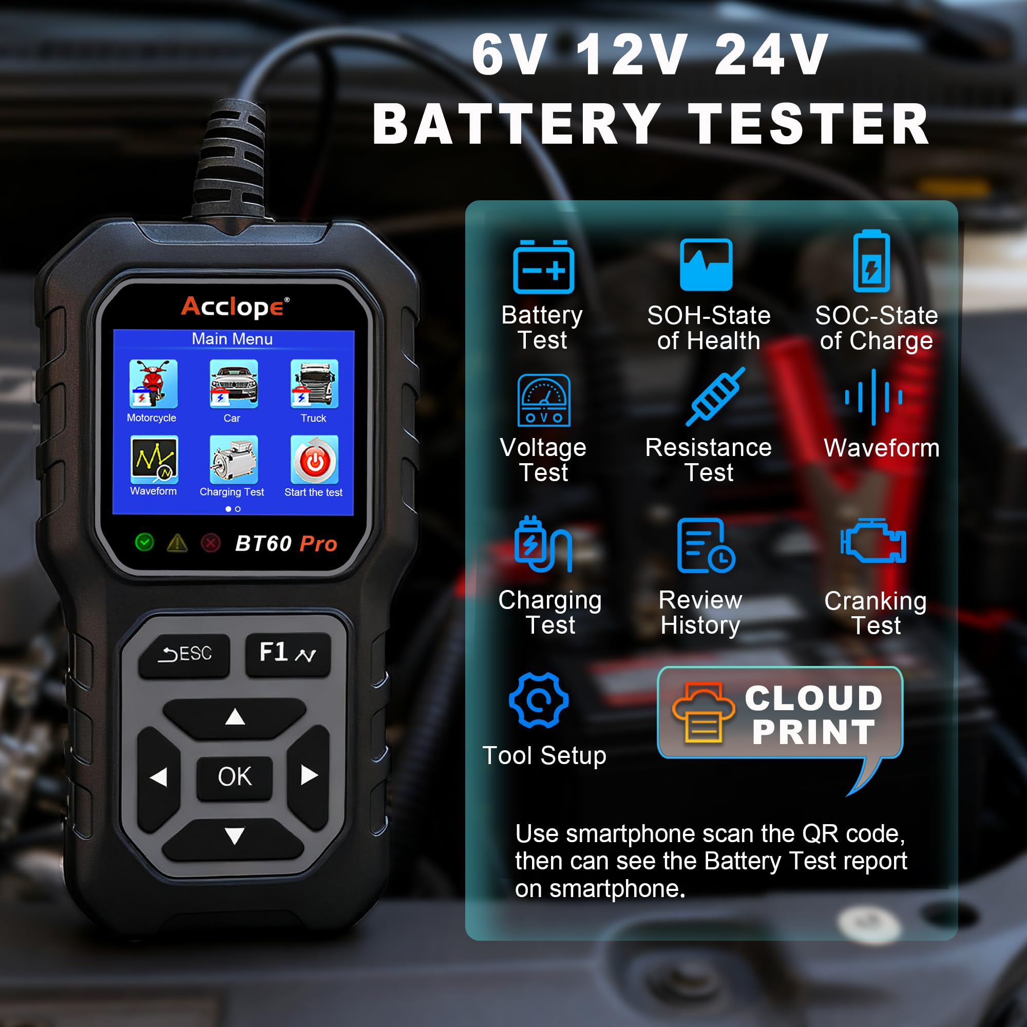 BT60 PRO tester akumulatorów 100-3000 CAC 6V/12V/24V 2-120 AH Litium/AGM/Gel/EFB analizator akumulatora samochodowego
