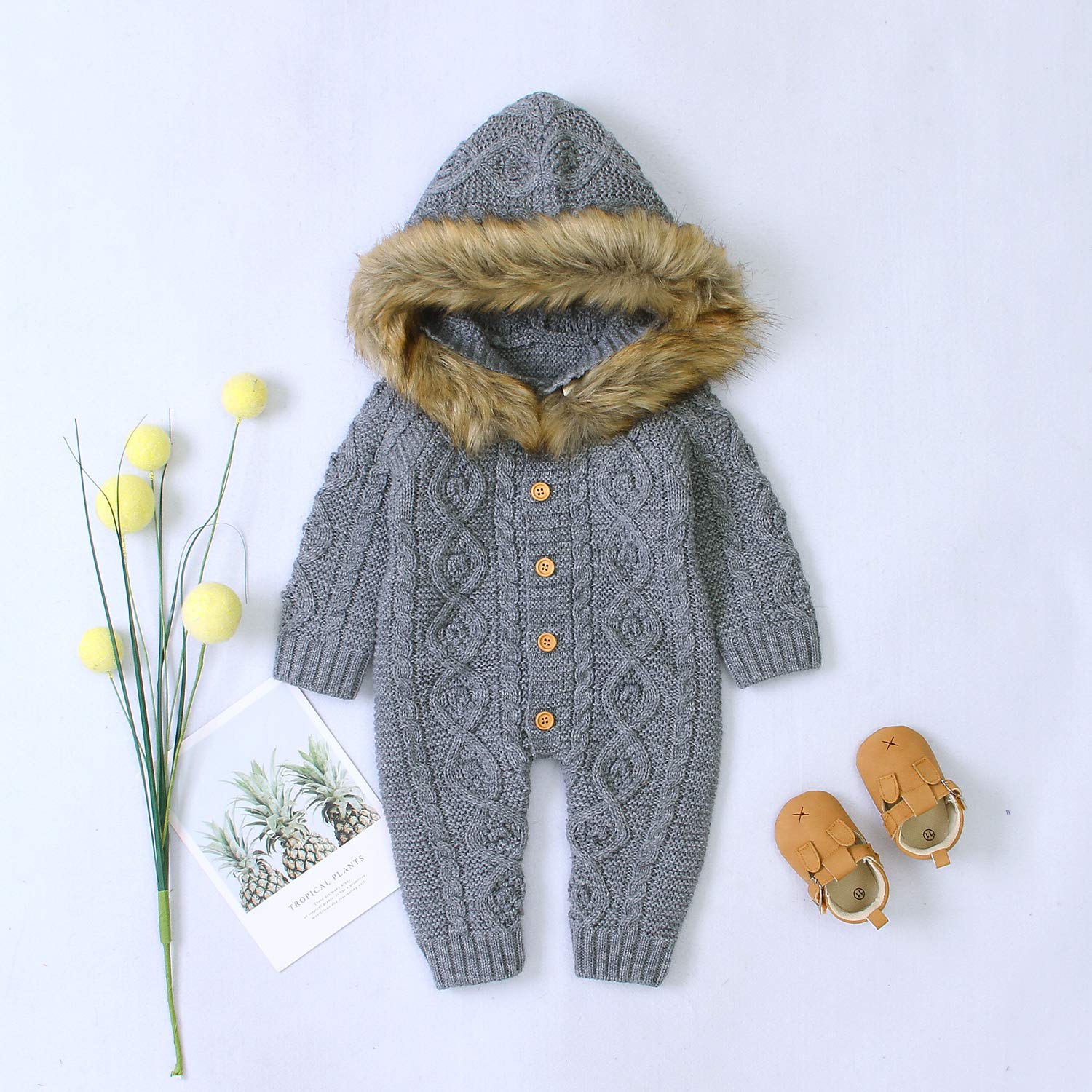 Haokaini Nouveau-né bébé Oreille Capuche tricoté Barboteuse Combinaison Combinaison pour garçons Filles