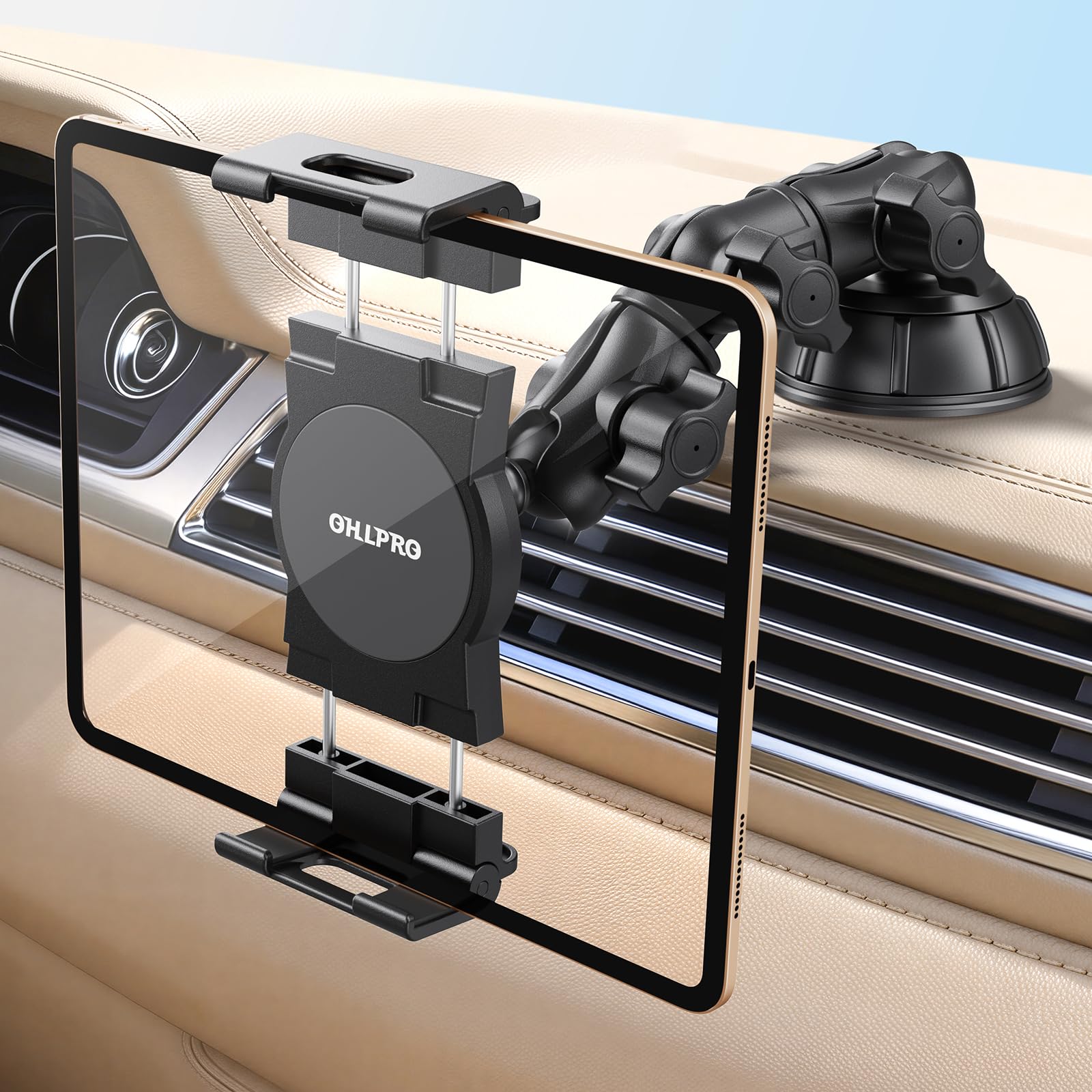 OHLPRO Supporto Tablet Auto Camion Cruscotto Parabrezza, Porta iPad da Auto Girevole a 360° con Braccio Lungo & Ventosa Potente, Supporto Tablet per iPad Pro 12.9 Air Mini Galaxy Tab 4,7-13"