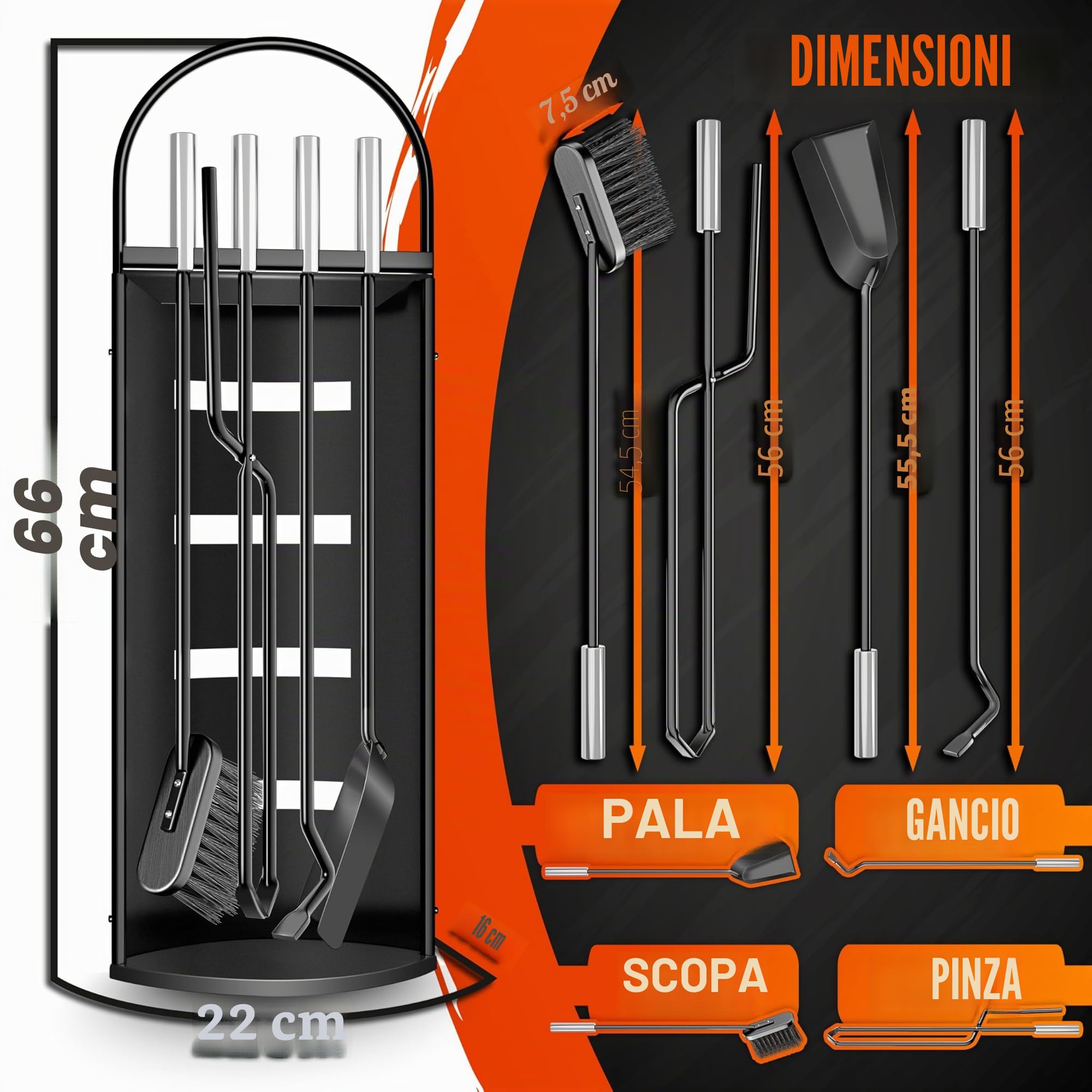 KESSER® Accessori per camino Kit caminetto da 5 pezzi - design moderno, rivestito, Set per caminetto 5 pezzi: scopino, paletta, attizzatoio, pinza, supporto porta-attrezzi, Nero