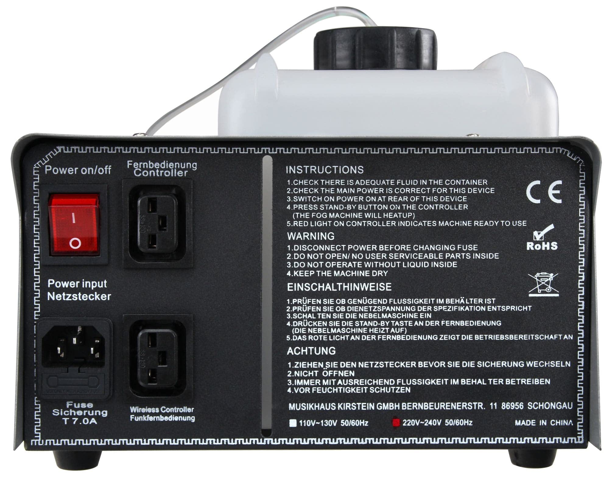 Showlite SN-1200 Nebelmaschine (1200W, 500m³ Nebelausstoß/min, 7 Min. Aufwärmzeit) inkl. Funk Fernbedienung & Cameo Cleaning Fluid Reinigungsfluid 250ml