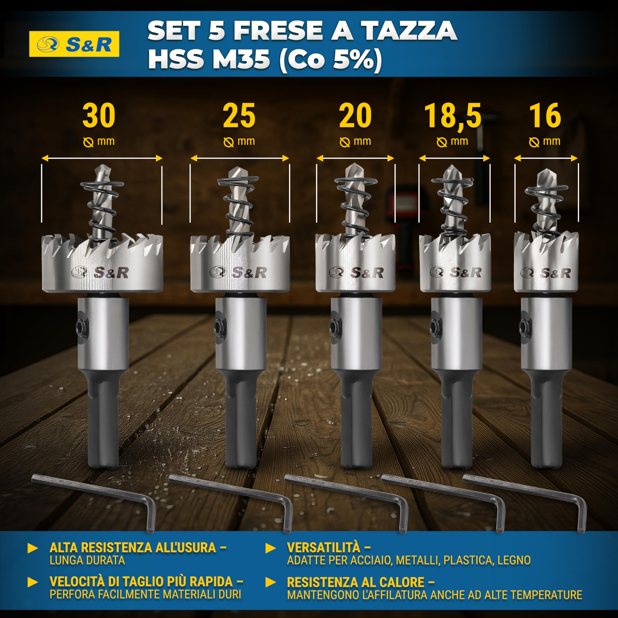 S&R Set 5 Seghe a Tazza Metallo HSS Frese in Acciaio Cobalto. Sega a tazza 16mm 18,5mm 20mm 25mm 30mm per Metallo Legno plastica. Codolo Esagonale 9,5 mm.