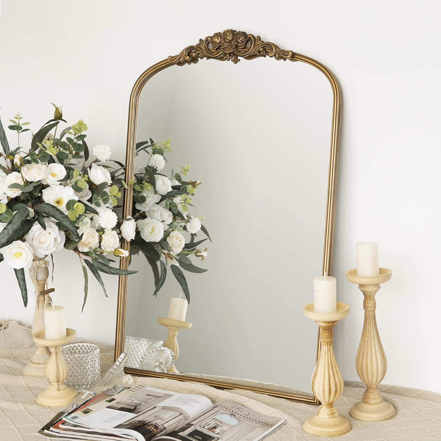 Keonjinn Gold Vintage Mirror for Wall, 24" x 36" Ornate Arched Mirror with Metal Frame, Gold Vanity Mirror, Baroque Arch Mirror, Decorative Mirror for Mantle, Living Room, French Cleat Mounting Antique Brass 24x36