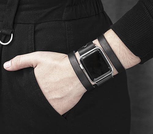 Miniatura 2 de wide Leather cuff band compatible with Apple watch 38mm 40mm 41mm 42mm 44mm 45mm 46mm 49mm, Handmade UA code 1081