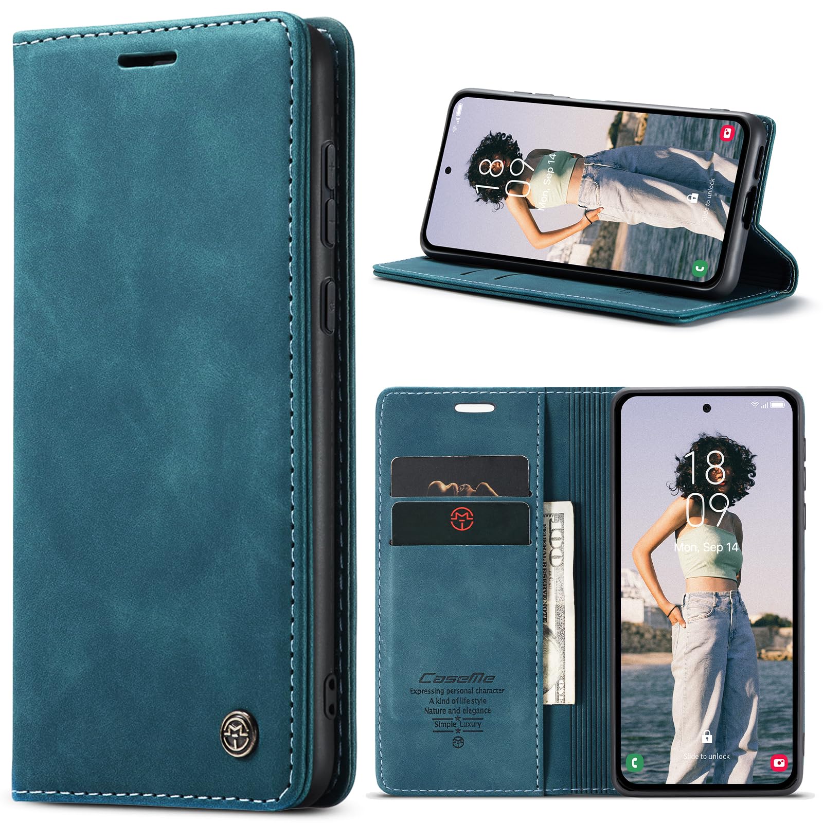Azororo Cover per Samsung Galaxy A55 5G, Premium PU Pelle Custodia, Magnetica Carta Fessura Portafoglio Case, Flip Cavalletto Custodia per Samsung Galaxy A55- Blu verde