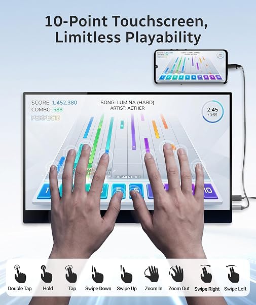 Ingnok Portable Monitor Touchscreen 15.6" FHD 10-Point Touch Screen Monitor W/Vesa & 360° Kickstand, 1200:1 USB-C Mini HDMI Ultra-Thin Travel Monitors for Laptop/PC/Macbook/Phone - 2