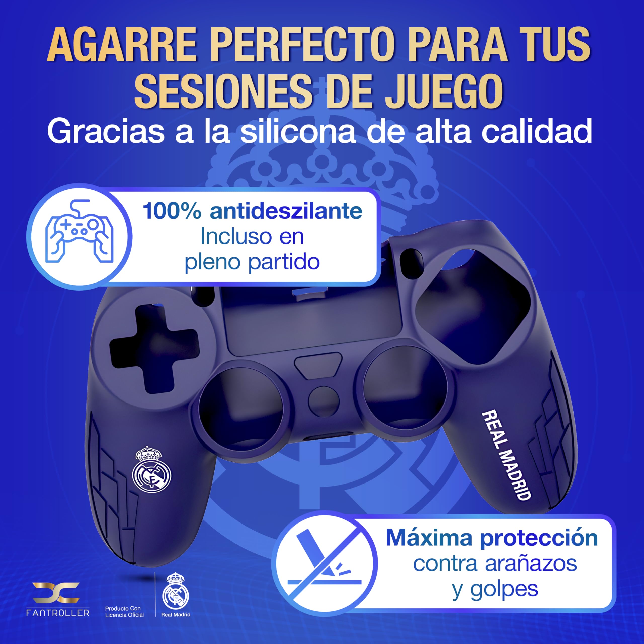 Funda para controlador PS4 con diseño oficial del Real Madrid para máxima protección y agarre | Funda para controlador PS4 disponible en azul y blanco