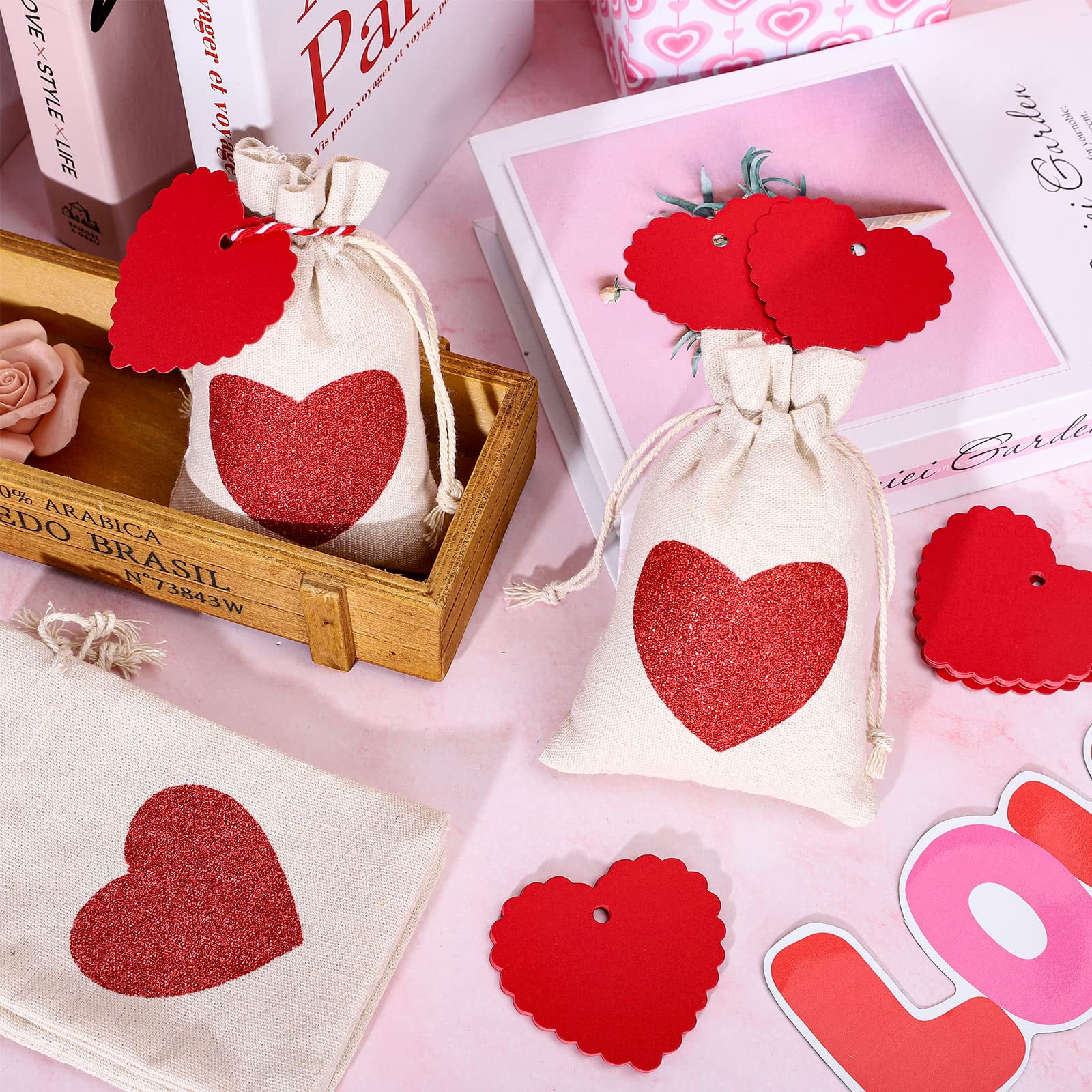 Whaline Valentinstag Geschenktüten Aus Jute – Mit Herzmuster & Kordelzug, 20 Stück (12,7x17,8 Cm)