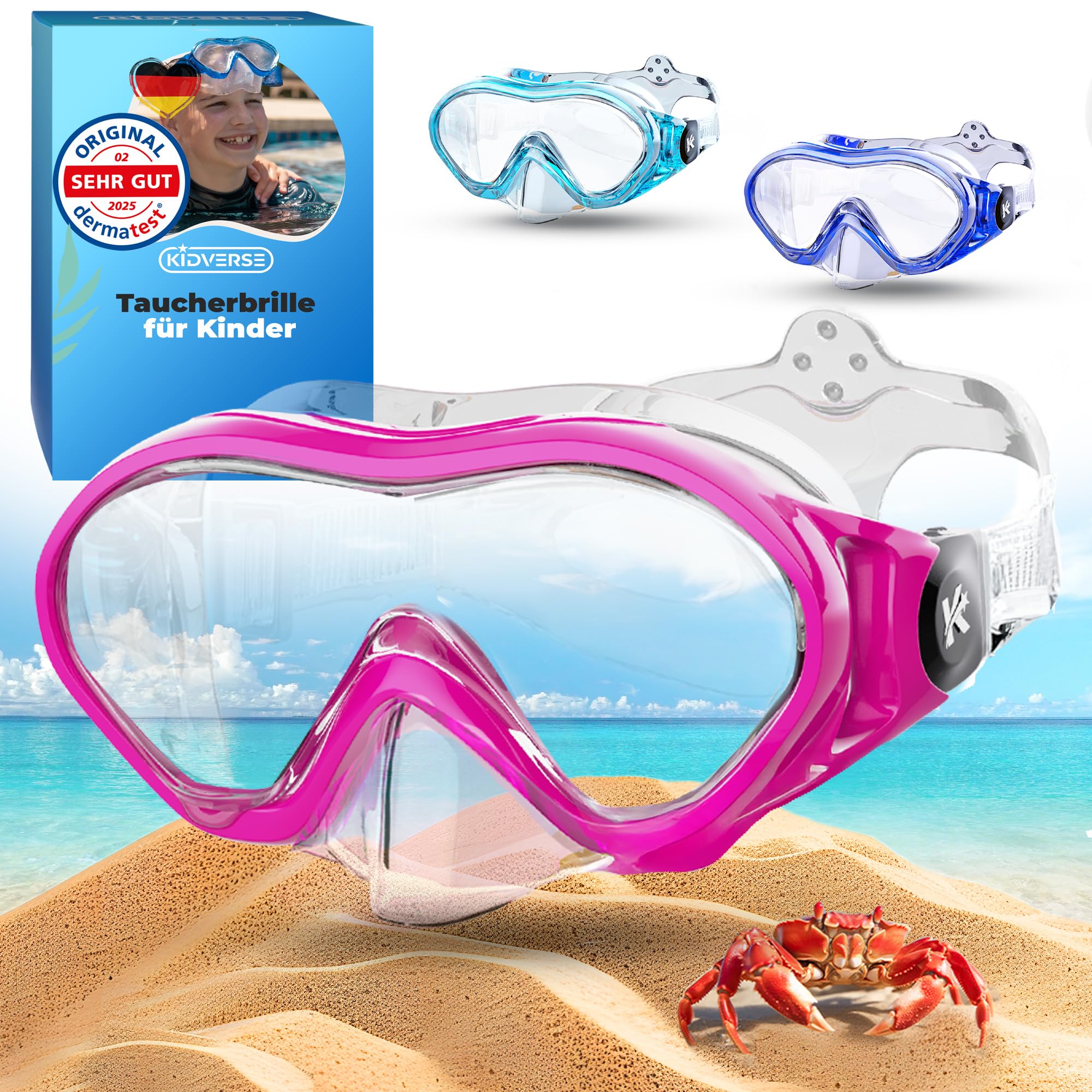 KIDVERSE Taucherbrille Kinder mit Nase - CE & Dermatest geprüfte Kinder Taucherbrille mit Stoffband oder Silikonband - Tauchmaske ab 5 Jahre für Mädchen & Jungen - Bequeme Kindertaucherbrille