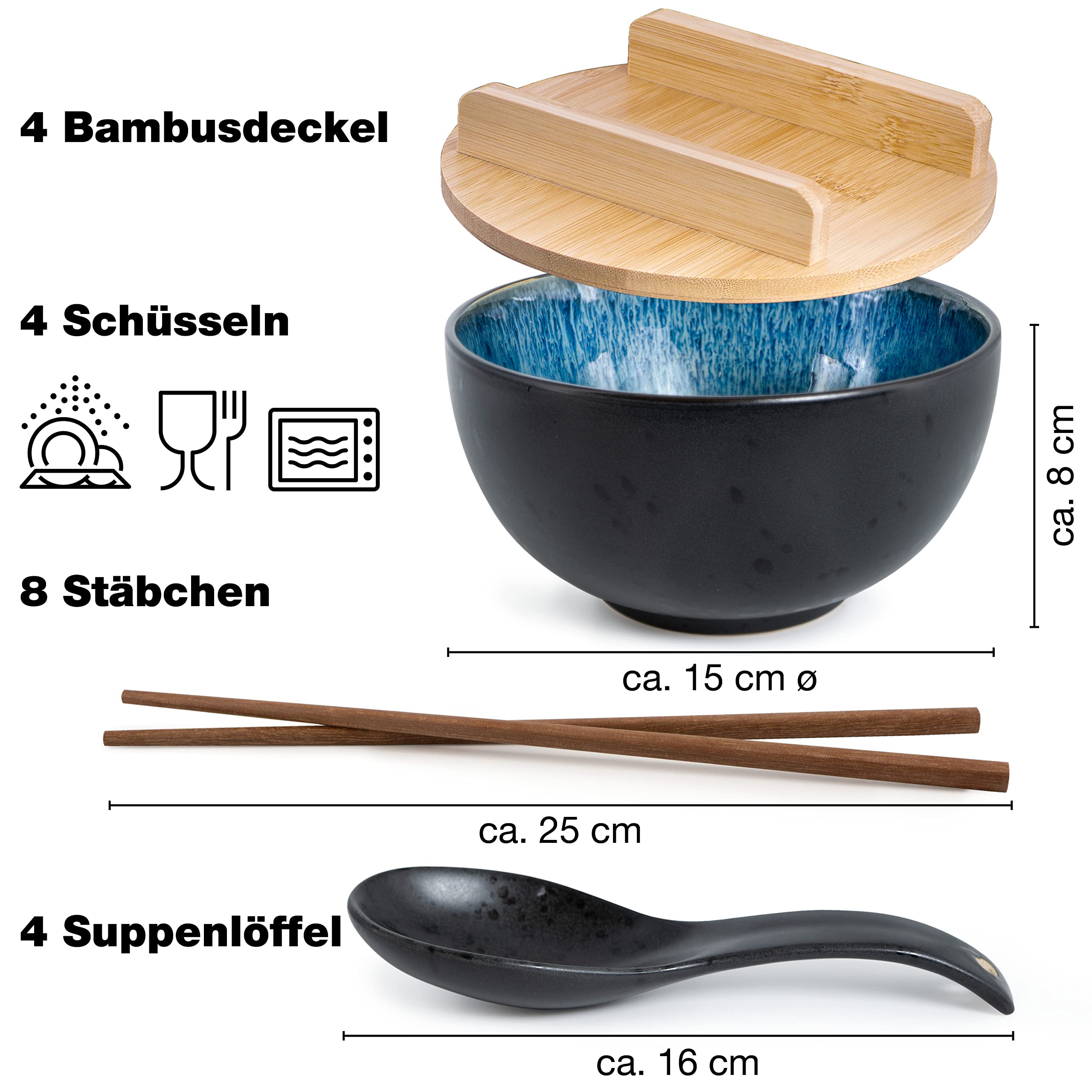 Moritz & Moritz 4x SOLID Ramen Schüssel Keramik - 600 ml - 15 cm Ø - Schwarz blaues Ramen Bowl Set für 4 Personen - Für Suppe, Pho und Sushi Bowl - Inkl. Stäbchen, Deckel und Löffel