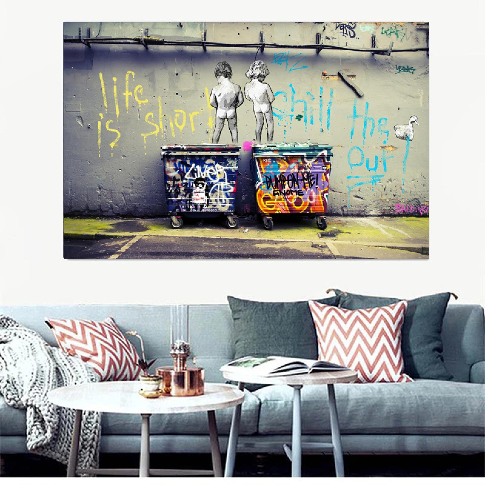 Carteles y lienzos impresos Cuadros de pared Banksy Street Art "Life Is Short Chill The Duck Out" Graffiti para decoración del hogar Marco interior de 70x110cm