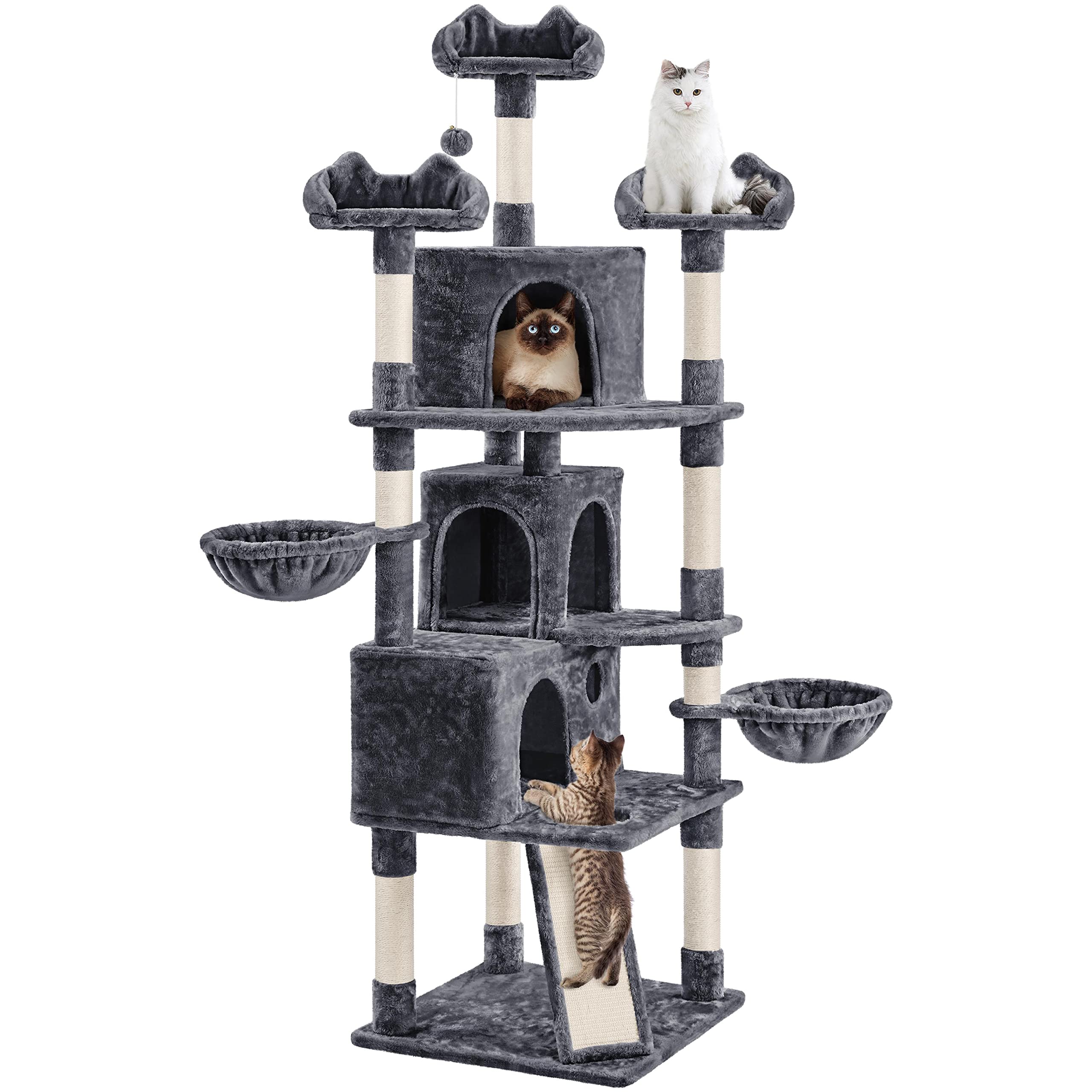 costoffs Large Cat Tree, 194cm Cat Tower with 3 Big Condos, Sisal Scratching Posts & Ramp Scratching Board, Cat Bed Furniture for Indoor Cats Play, Dark Gray