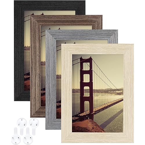 GUTAG 4x6 Picture Frame, Tempered Glass and Composite Wood for 3.5x5 photo with Mat or 4x6 photo Without Mat,Wall & Table Mounting for Rustic Home Decor，set of 4,Black,Oak,Brown,Grey