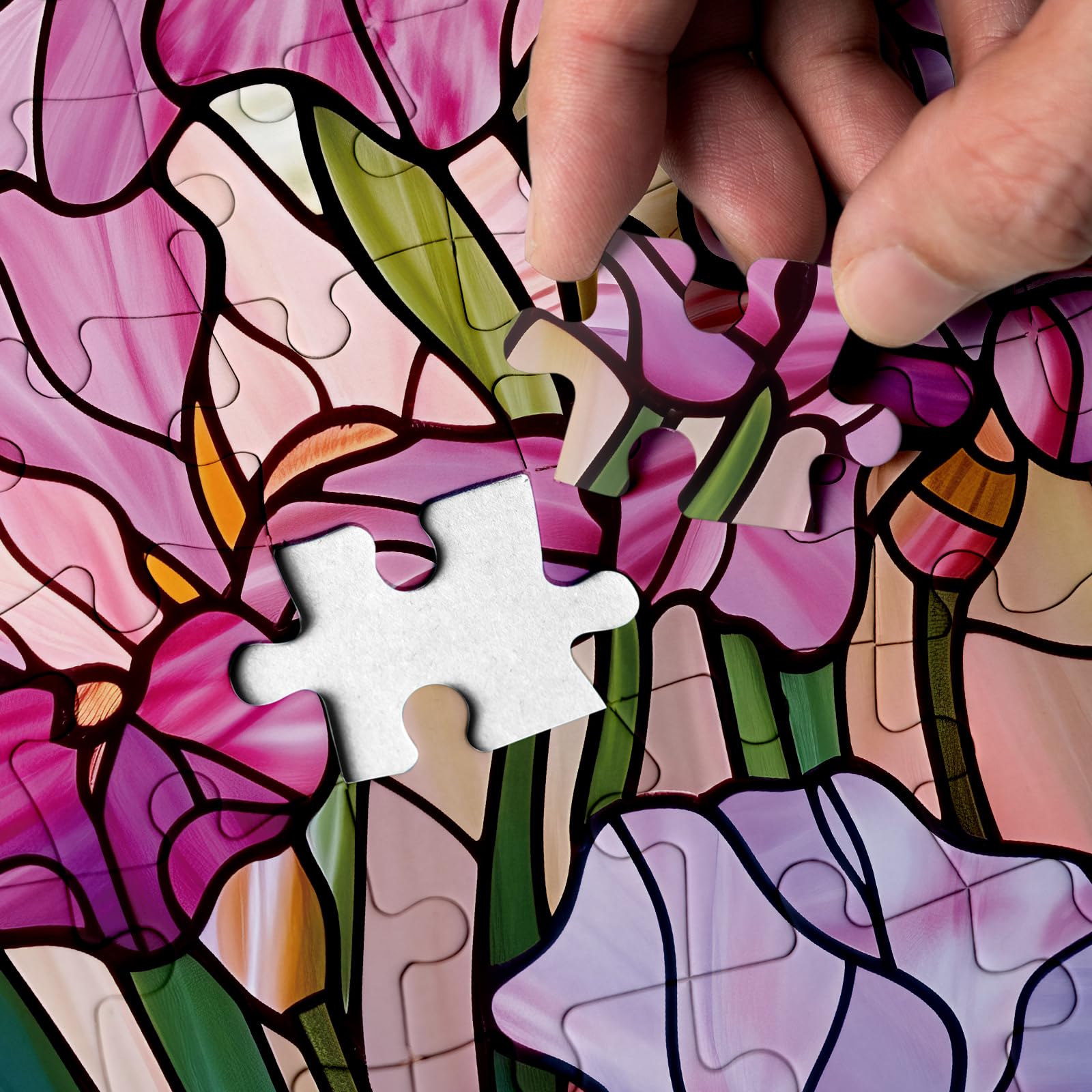 1000 Piece Stained Glass Iris Flower Jigsaw Puzzle For Adults - Colorful Floral Art, 27.5x19.7", Poster Included
