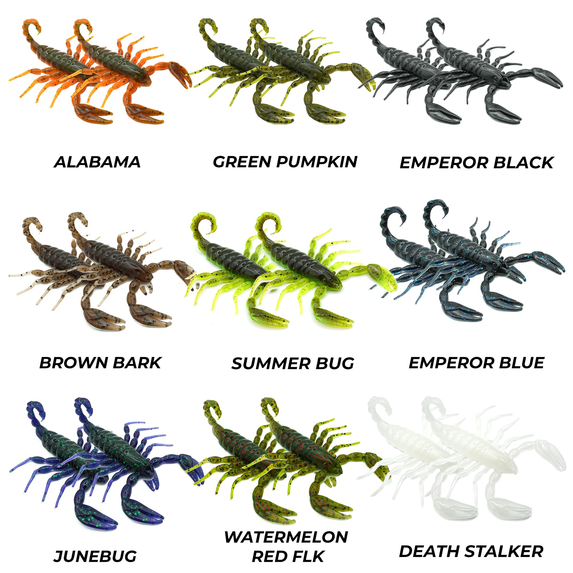 FRESHBAITZ Scorpion Sampler Kit | Señuelos de pesca de plástico suave para boca grande de agua dulce y lubina de boca pequeña, paquete de aparejos de pesca