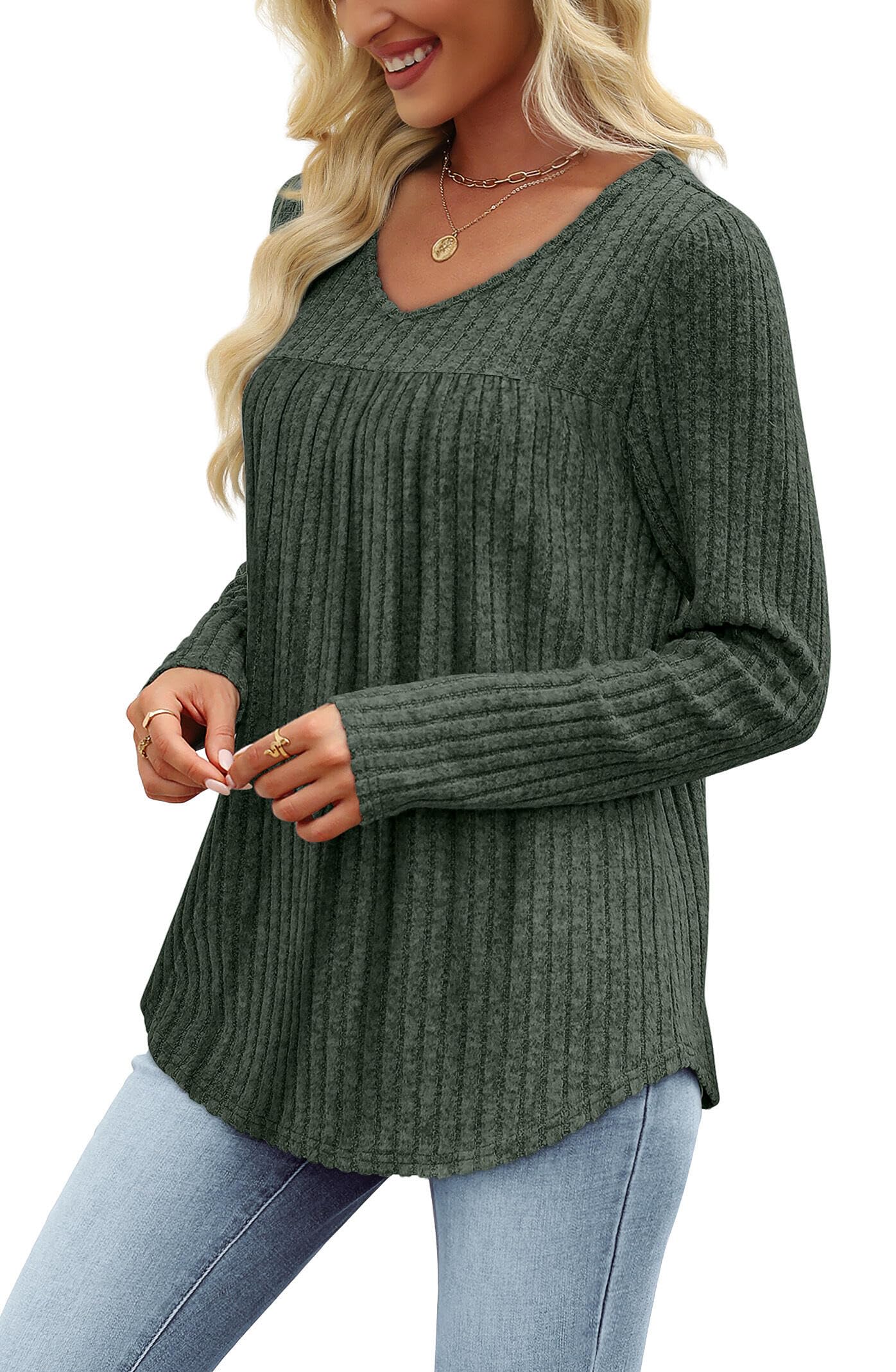 WIHOLL Long Sleeve Shirts for Women V Neck Lightweight Sweaters Casual Tunic Tops Outfits Fall Fashion Clothes 2025