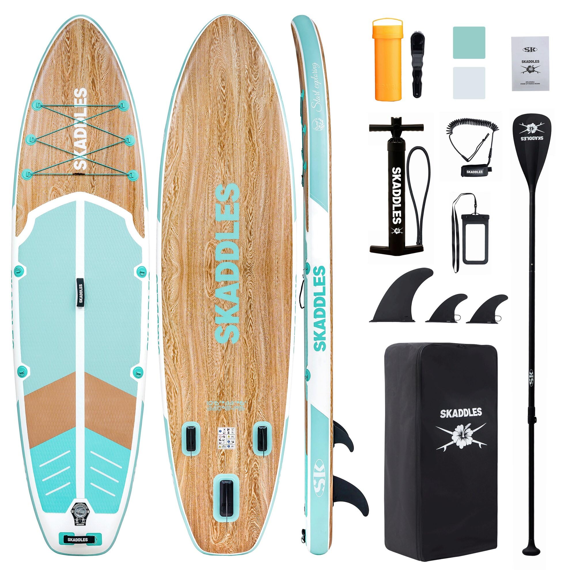 Photo 1 of SKADDLES 10’6’’ Inflatable Stand Up Paddle Board (SUP) for Adults and Youth with Non-Slip Deck – Complete Accessories Kit, Perfect for Fishing, Yoga, Fitness & Family Fun (Mint Green Wood Grain)