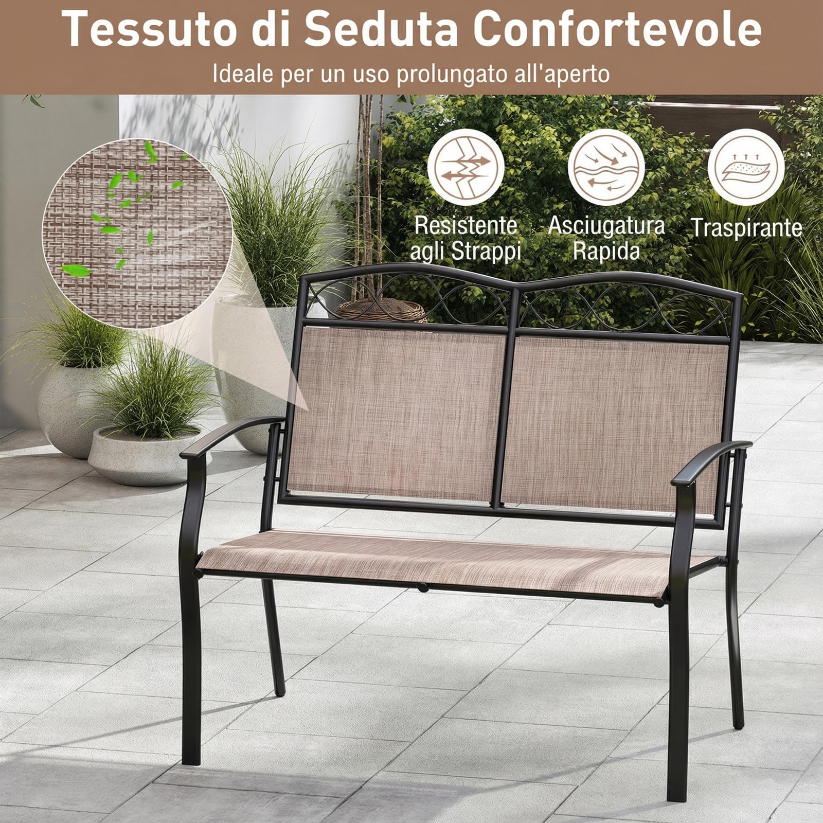 COSTWAY Panca da Esterno per 2 Persone con Tessuto Traspirante in Textilene | Divano in Metallo Robusto con Braccioli Curvi per Giardino, Veranda, Piscina, Portata Massima 300 kg