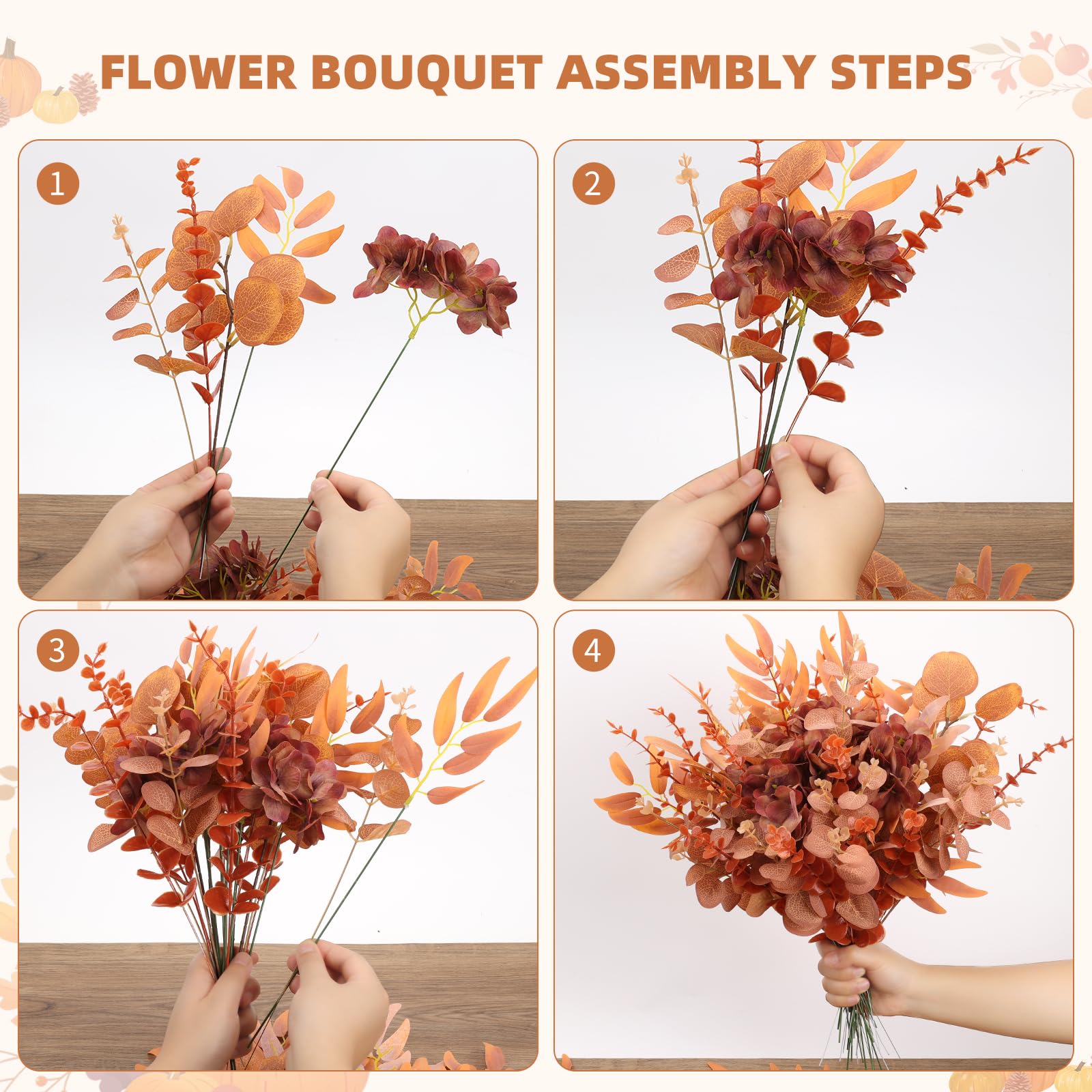 Palonu 150 steli di eucalipto artificiali autunnali con teste di ortensia, foglie di eucalipto rosso marrone finte sfuse per bouquet nuziali autunnali fai da te, centrotavola per la tavola del