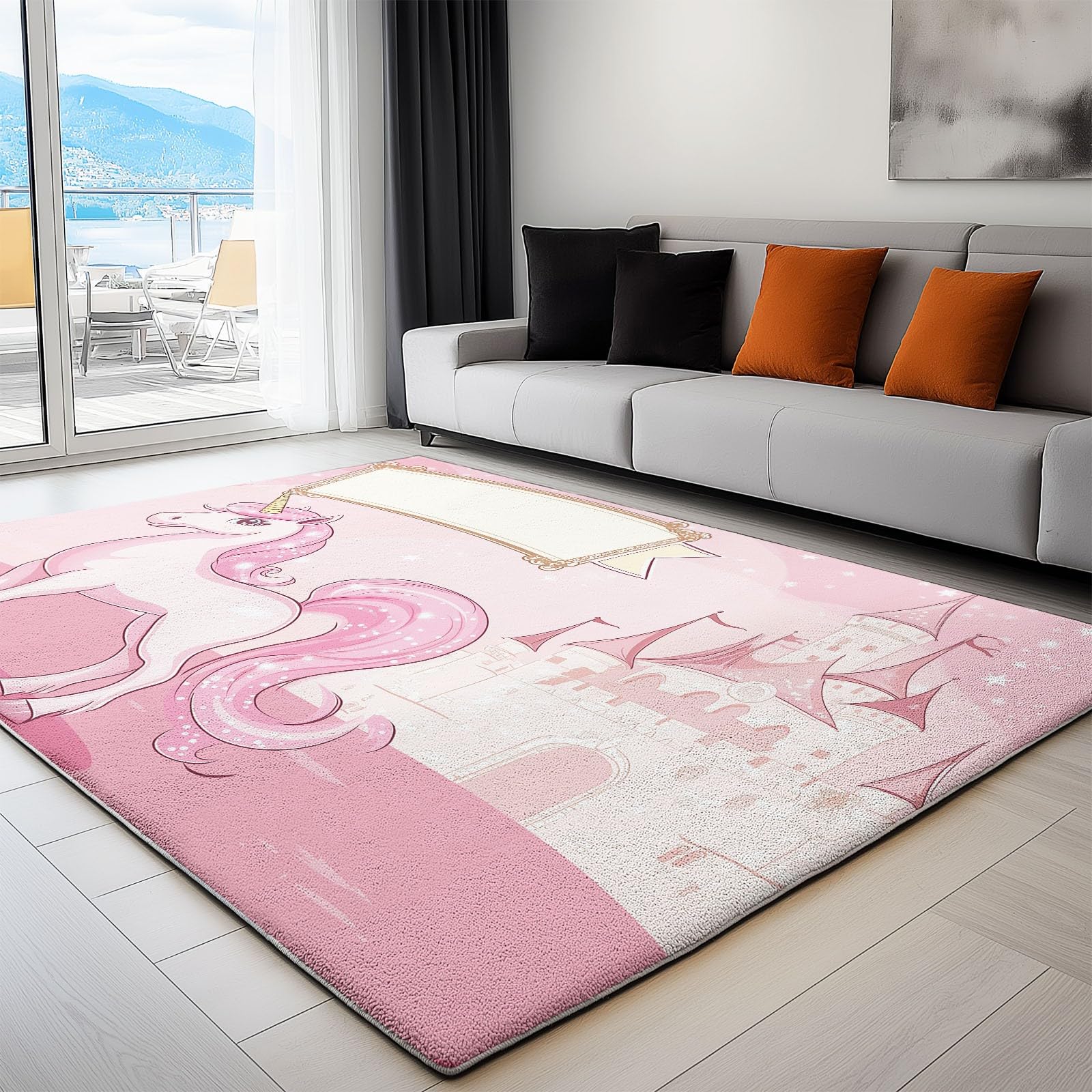 Generisch Teppich Cartoon Schloss Einhorn rutschfest Waschbar Teppich,90 x 150 cm Druck Teppich für Dekoration Schlafzimmer Kinderzimmer Wohnzimmer Kurzflor Rosa Teppich