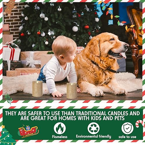Miniatura 3 de 2 velas navideñas sin llama con purpurina, 3.5 x 5 pulgadas, velas LED de llama artificial metálica realista, funciona con pilas, con control remoto
