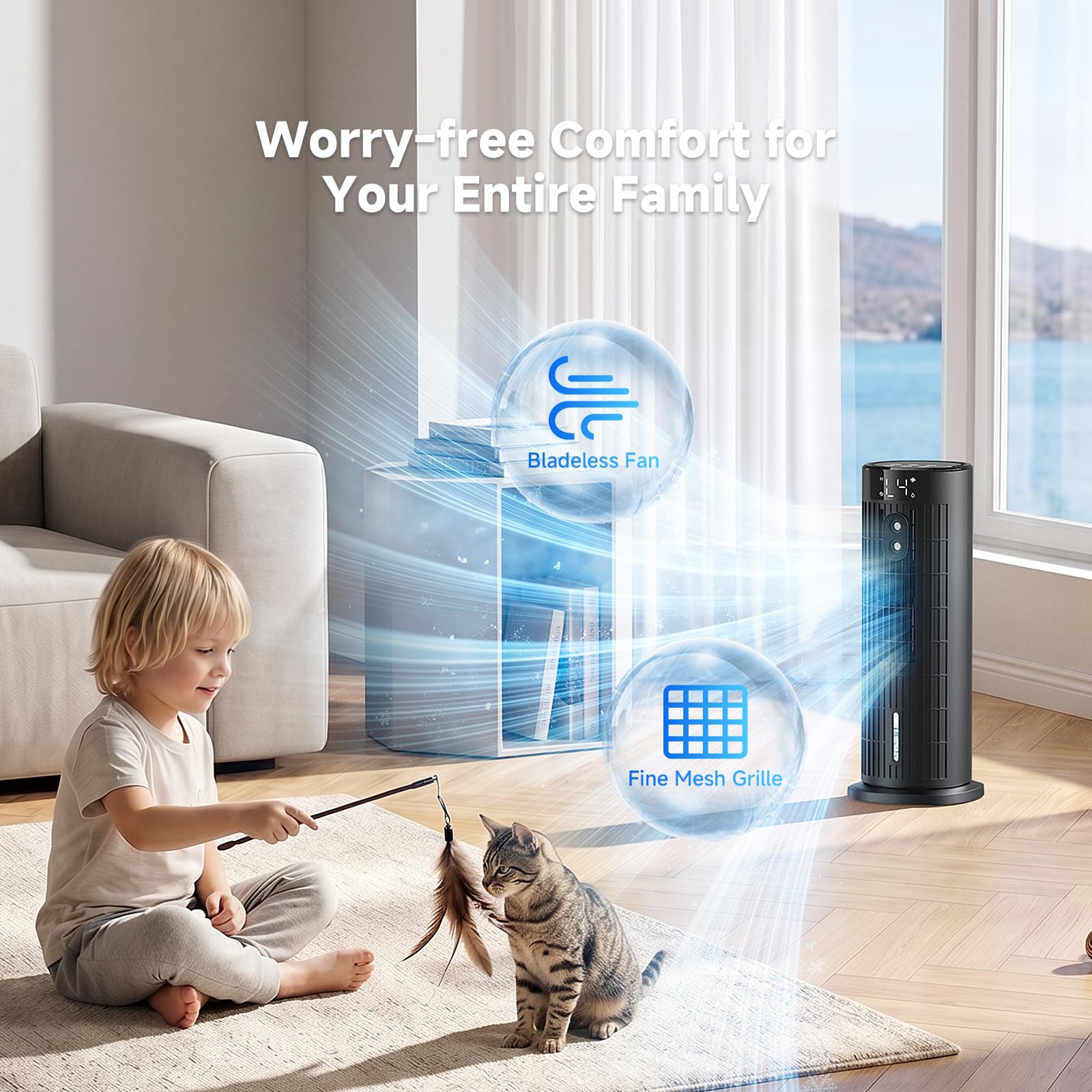 Climatiseur Mobile Portable Sans Lames 2026, Ventilateur Puissante 7.5 m/s, Nouveau Moteur CC (<35 dB), Refroidisseur d'Air Portable avec Oscillation 90°, Minuteur 10H, 4 Vitesses, Télécommande, Noir