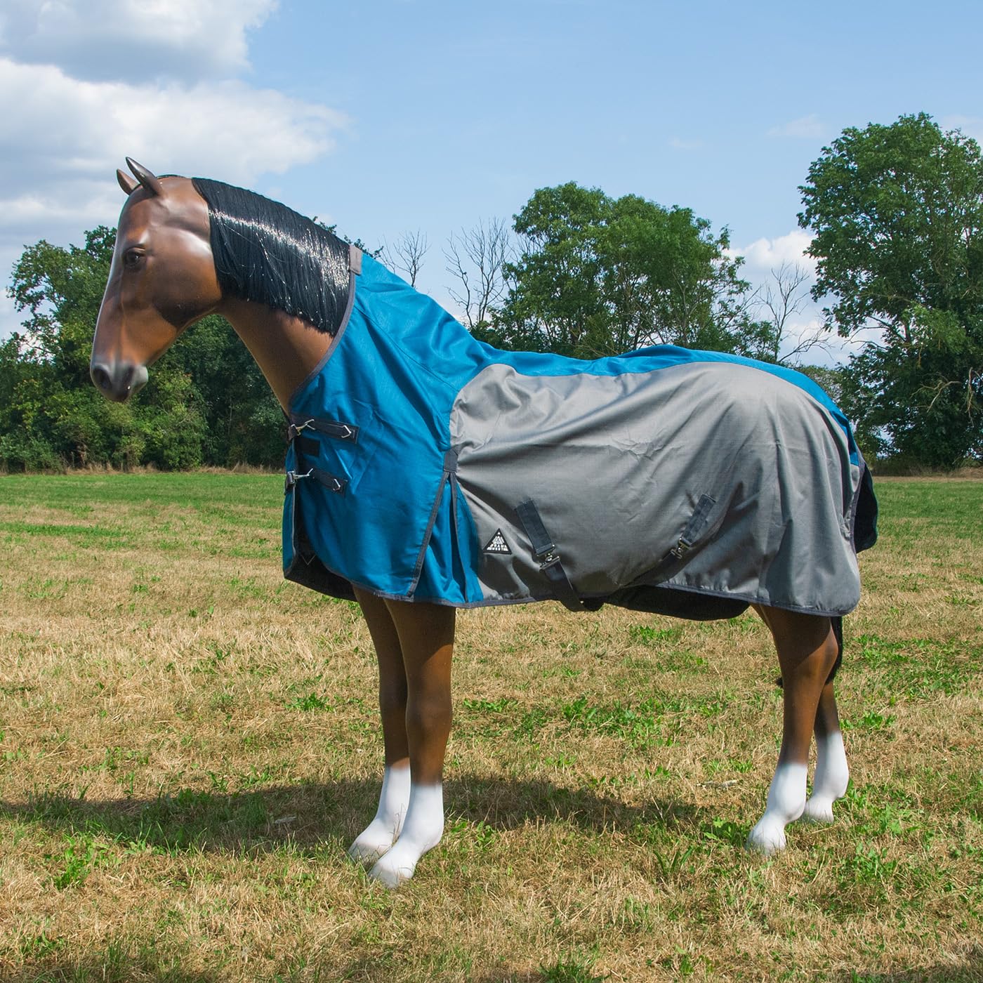 Brama-West 1200D - Manta de lluvia para caballo con cuello alto, impermeable, color azul y gris, tamaño 105 cm