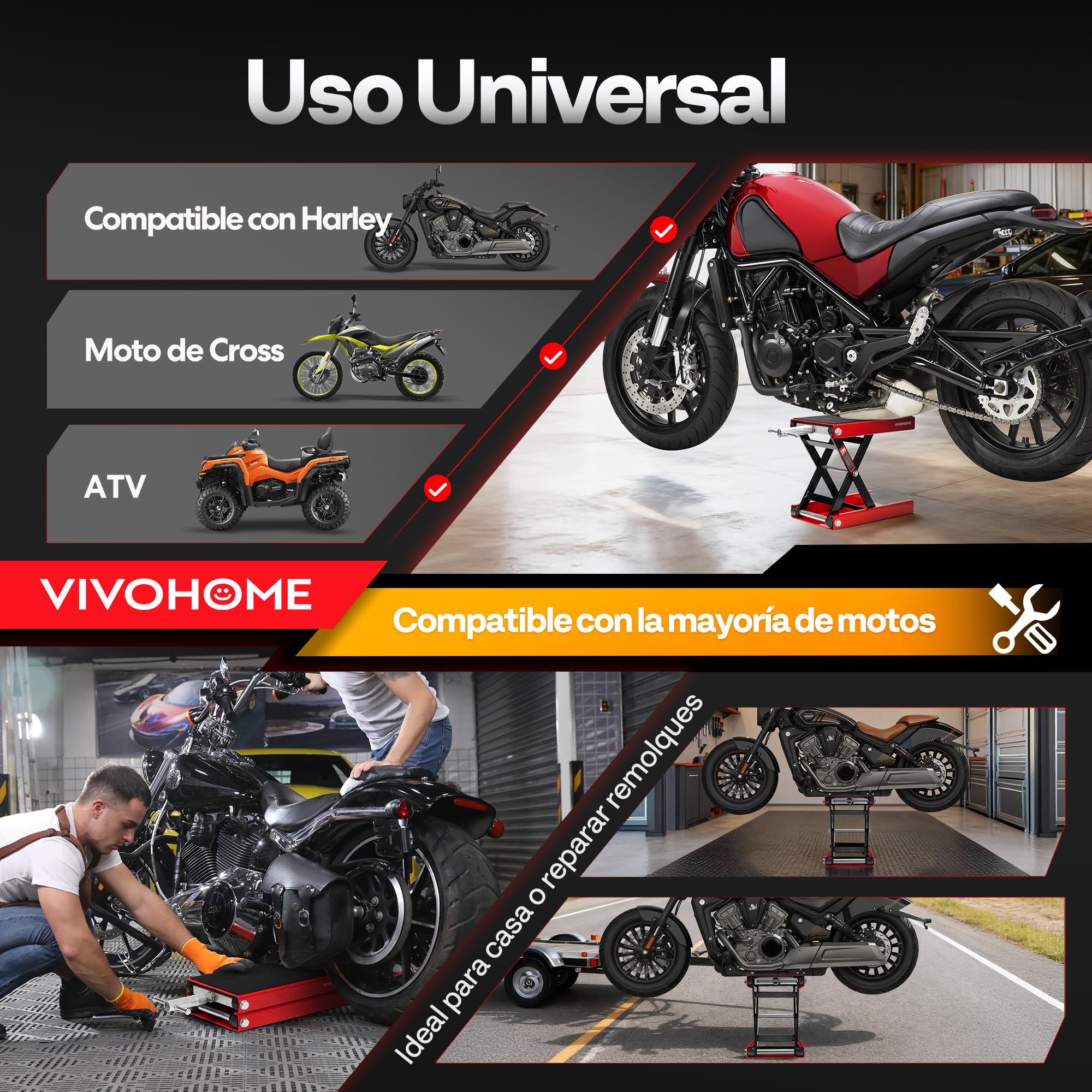 VIVOHOME Elevador Moto Plataforma Elevadora Motocicleta Ancha de Acero Altura Ajustable, Soporte Central Capacidad de 500kg para Coche Taller Garaje Vehículos Rojo