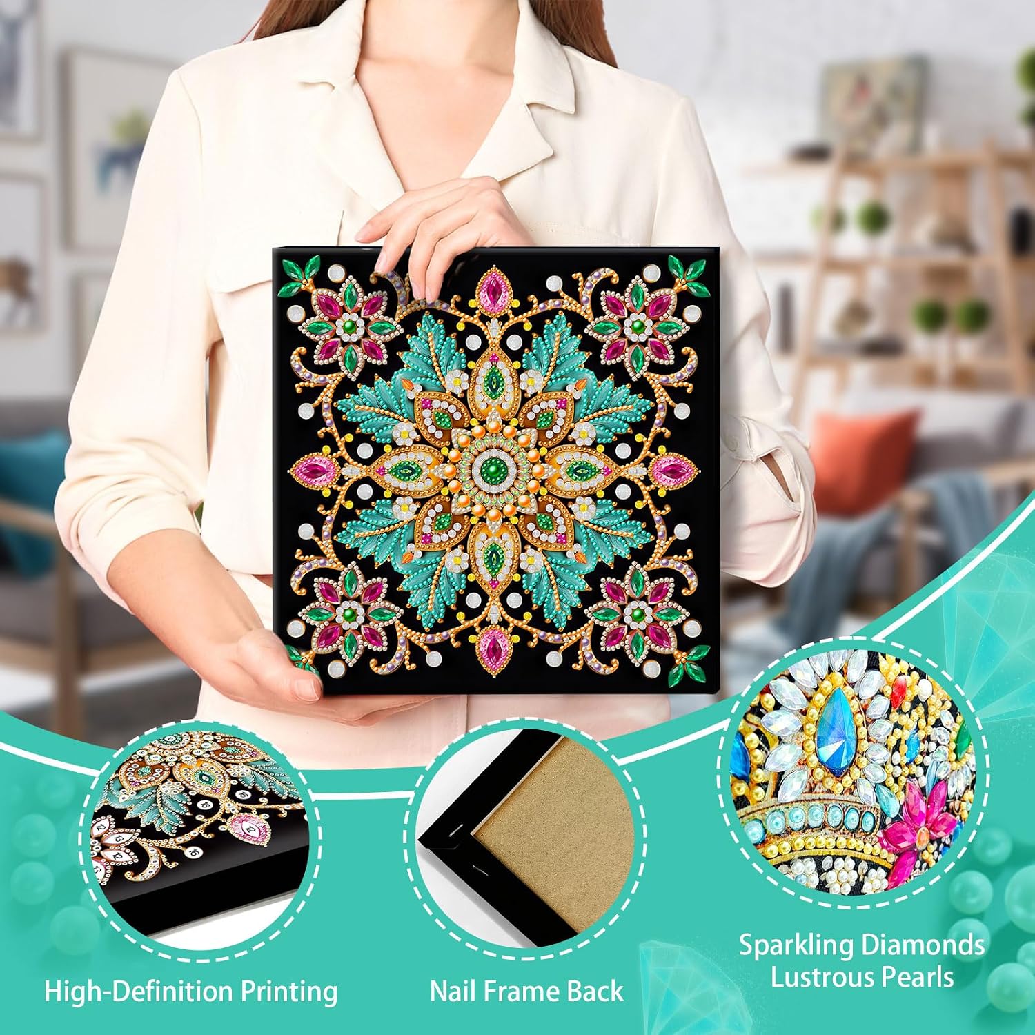 POETRYDRAW Pearl Diamond Art Painting Kit with Frame 11.42 x 11.42 inch, DIY Pearl Beads Art Craft for Adults - Beginner Friendly Framed Canvas Wall Decor Gift Idea (Mandala-02)