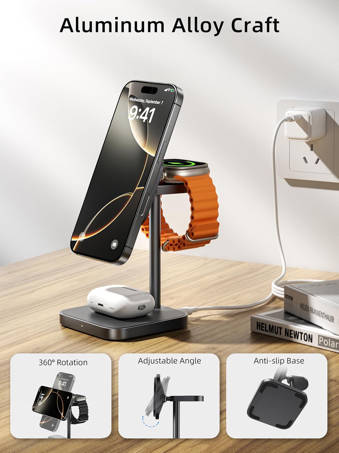 [Qi2 Certified] LULULOOK 3 in 1 Charging Station, 15W Qi2 Wireless Charger Stand Magnetic Charger for iPhone 17/16/15/14/13/12 Series, AirPods Pro 3/4, Apple Watch with 30W PD Adapter
