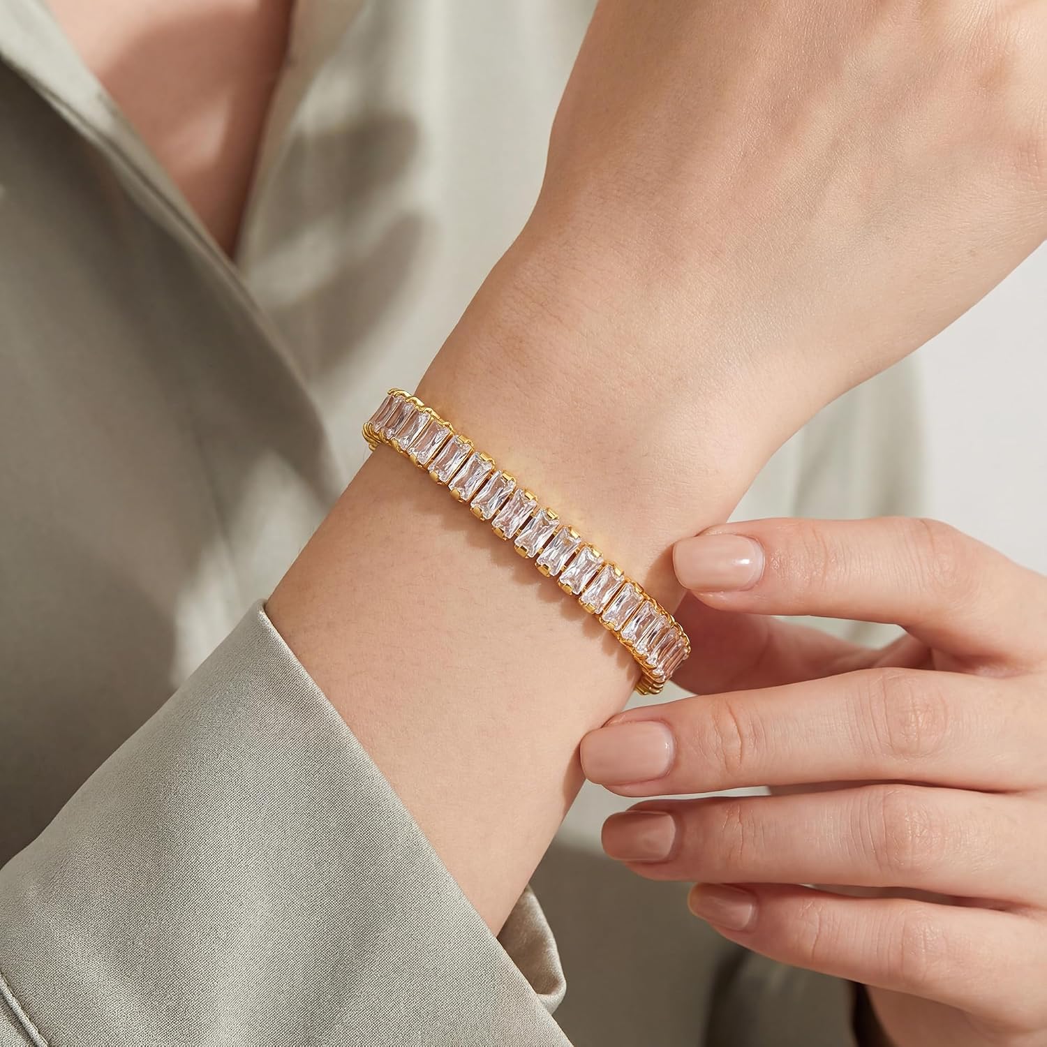 Tennis Bracelet for Women, 14K Gold Plated 2.5 x 5 mm Cubic Zirconia Dainty Stackable Wrist Jewelry Size 5.9-6.5 Inch