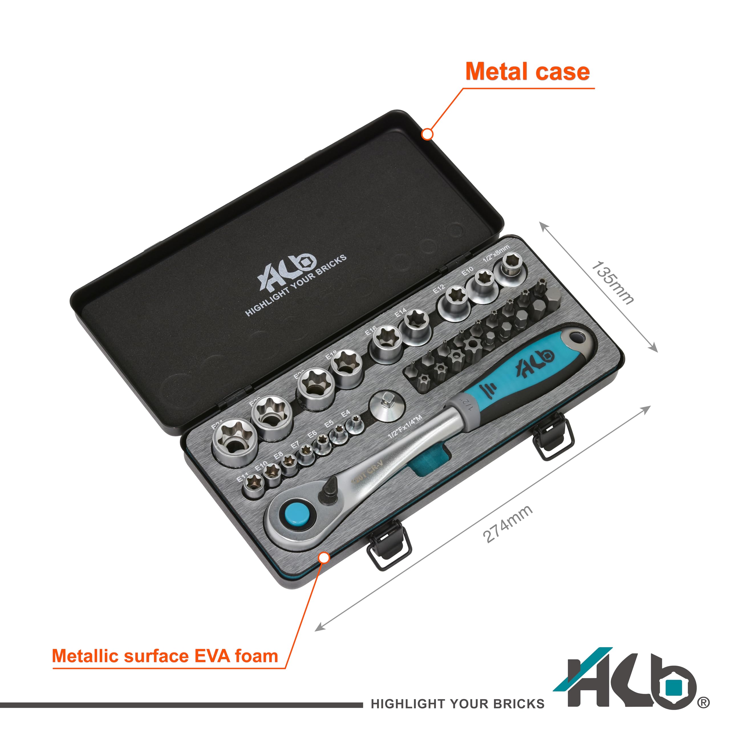 HB AKM016-G Juego Carraca Offset 120 Dientes 36 Piezas 1/2" Llaves E-Torx CR-V & S2 | Set de Vasos Profesionales Mecánico Automoción Taller Bricolaje | Maletín Metálico con EVA – Hecho en Taiwán