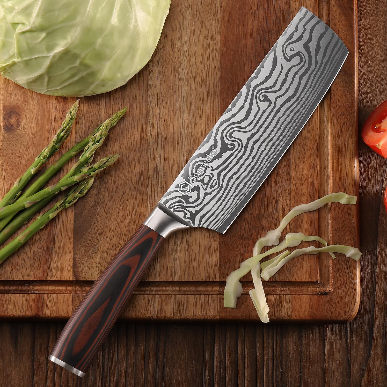 Sunnecko Couteau Nakiri Cuisine 18cm avec Protection de Lame, Couteau de Cuisine Professionnel pour Viande Légume Plat Asiatique, en Acier Inoxydable