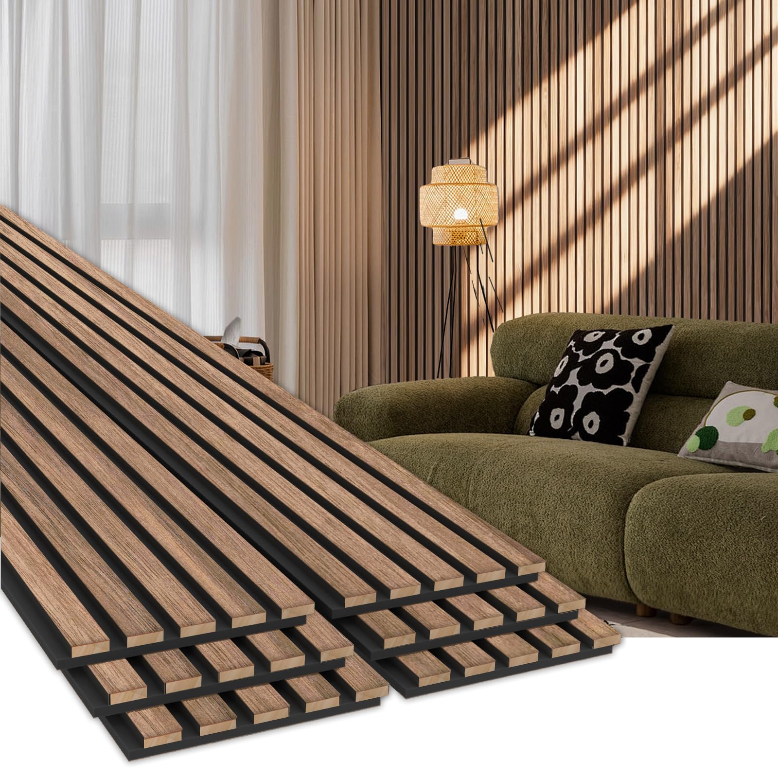 6 pack wood panels for wall 94.5" × 7.87" acoustic soundproof wall slat panels, 3d wall panels for home office decoration, natural walnut