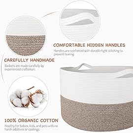WISELIFE Storage Basket Large Cotton Rope Basket 21.7x 21.7 x 13.8 with Handle Big Soft Nursery Cube Bin Laundry Hamper for Living Room(White/Brown)