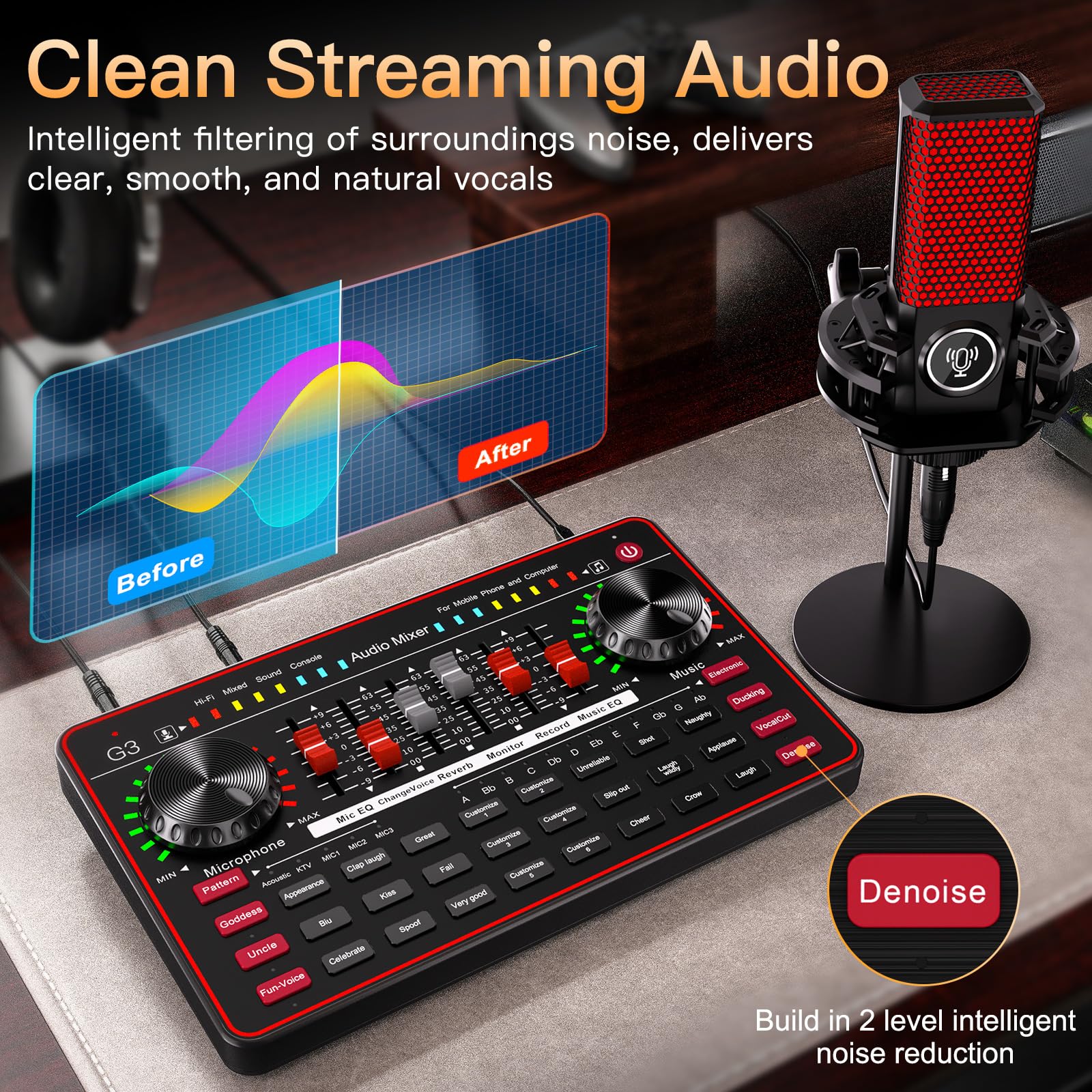 G3 Audio Mixer for Podcast Equipment Bundle，Live Sound Card for Streaming，Audio Interface DJ Mixer Sound Card/Board Condenser Microphone for Tiktok Gaming Video Content Creator