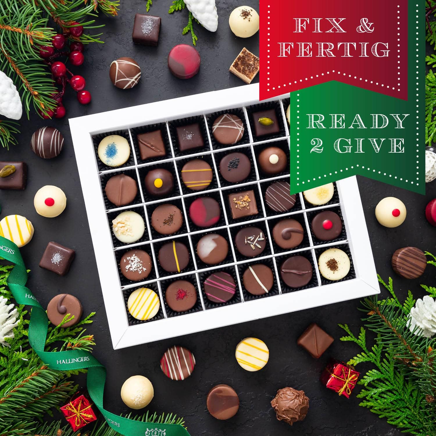 Hallingers Genuss Manufaktur Pralinen Weihnachts-Geschenk - ohne Alkohol, handmade aus Confiserie-Edelkakao in wertiger XXL-Geschenkbox "Frohe Feiertage", Weihnachten für Frauen Männer