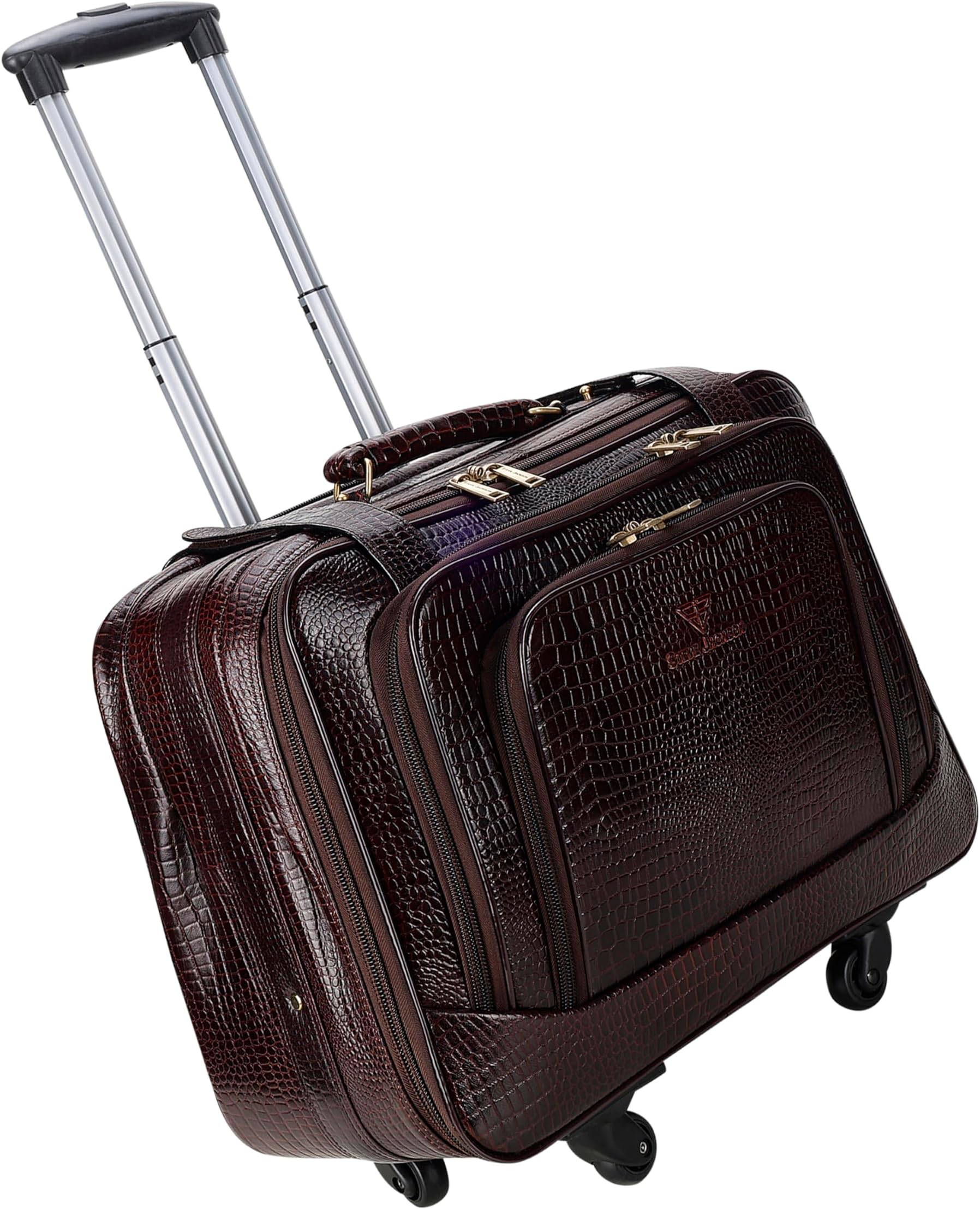 Steve Johnson Pure Leather 20-Inch Cabin Trolley Bag with Laptop Compartment - 4-Wheel Small Trolley Suitcase for Travel - Professional Cabin Luggage (Brown Croco)