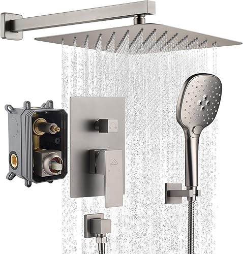 CASAINC Juego de ducha de 10 pulgadas, cabezal de ducha de lluvia montado en la pared con sistema de ducha de mano de 3 rociadores, válvula de ducha