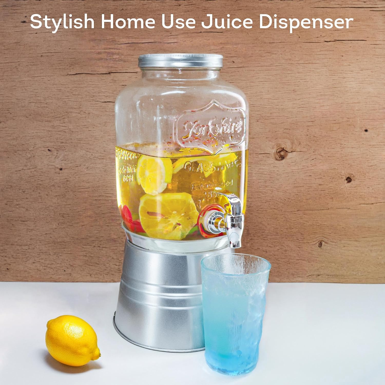 Lily's Home Glass Beverage Dispenser With Stand – 1 Gallon Capacity - Easy-Use Spigot - Drink Dispenser for Parties/BBQs - Large Mouth for Ice/Fruits - Water Dispenser Countertop Use