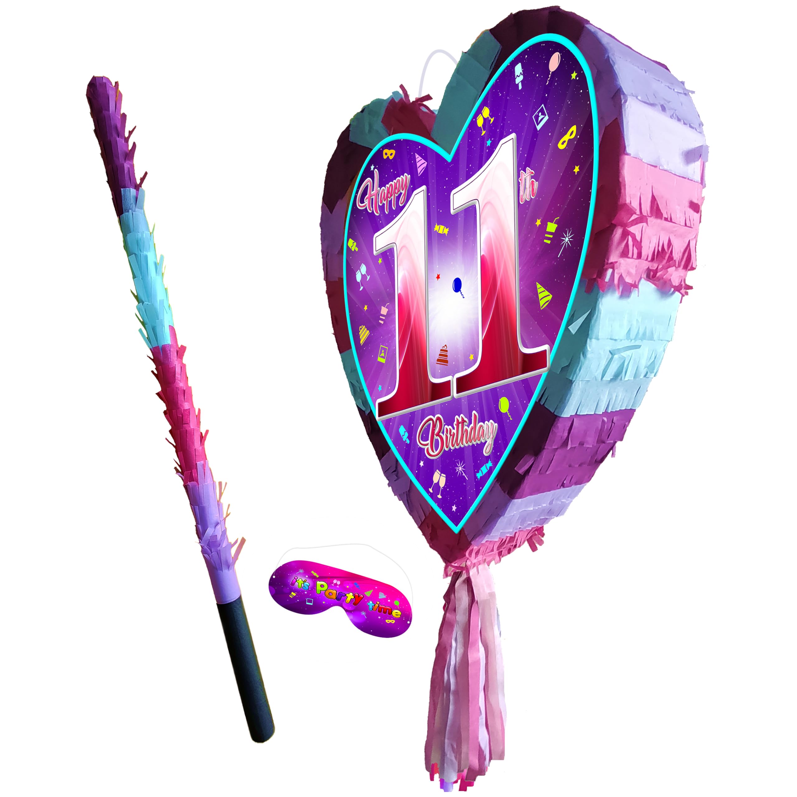 11th birthday pinata with stick - Girls Eleven party smashing game - Big 41cm x 38cm, Pink, Purple, Sky Blue - Image 4