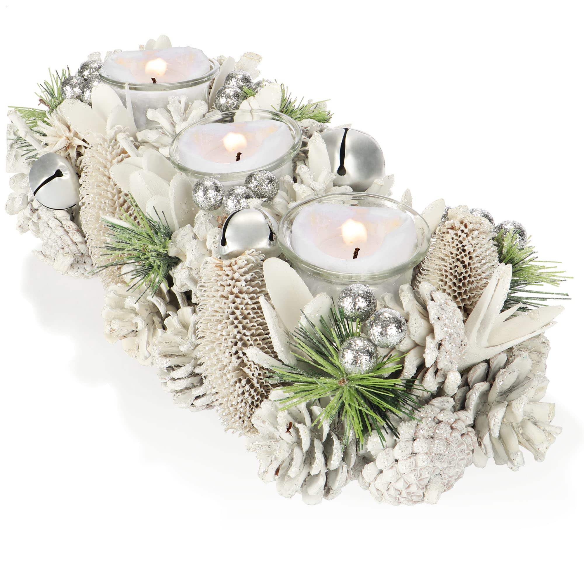 com-four® Portavelas - Portavelas Decorativo para Navidad y otoño - Portavelas con Materiales Naturales - Artesanía (Arreglo de adviento - 3 Velas)