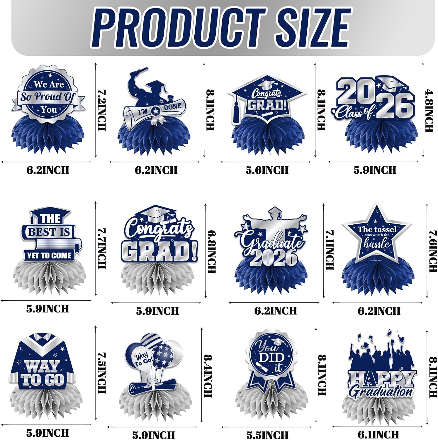 12Pcs Graduation Table Decorations,Navy Blue and Silver Graduation Decorations Honeycomb Centerpieces Class of 2026 Table Centerpiece, Graduation Decorations Blue and Silver for Table